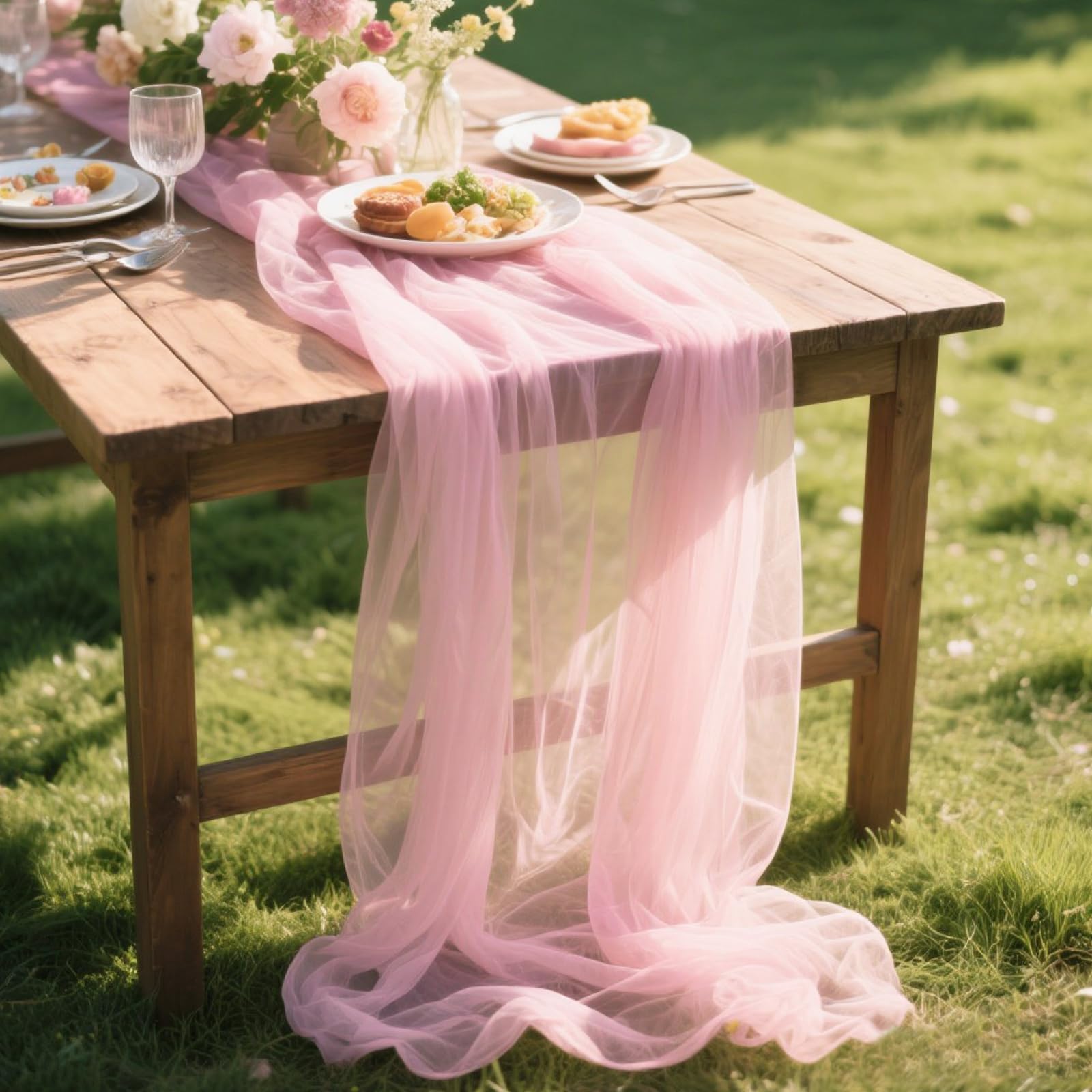 TuTive Pink Gauze Table Runner 10ft Rustic Cheese Cloth Table Runner Boho Style Decorations for Romantic Date Wedding Party Baby