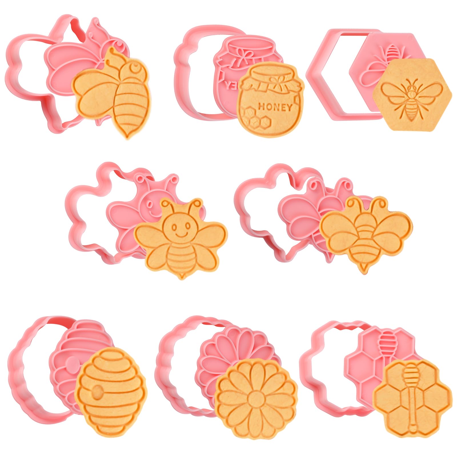 Bigqin 8 Pcs Cookie Cutters Set 3D Cute Cartoon Shapes With Honeybee Flower Cookie Mold Pink Diy Cartoon Biscuit Baking Mold Too