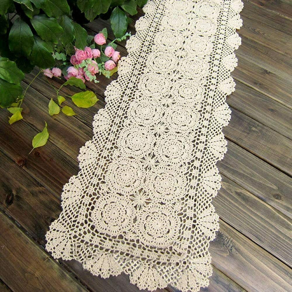 Phantomon Lace Table Runner Rectangular Floral Table Cover Cloth Handmade Crochet Floral Placemats 100% Cotton (Floral Beige, 15