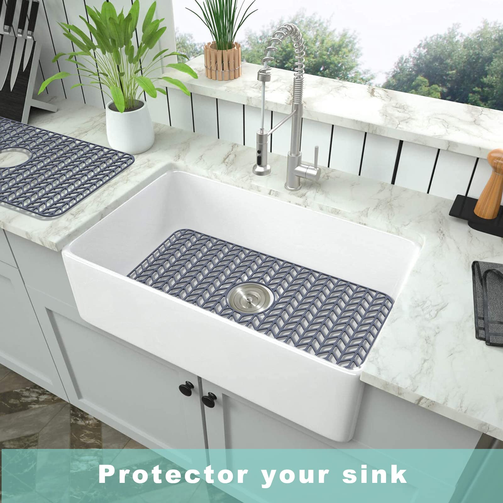 AWOKE Sink Protectors for Kitchen Sink - 26''x 14'' Sink Mat - Heat-resistant Easy-clean Silicone Sink Mat - for Protection of Stainless Steel Sink - with Center Drain (Grey)