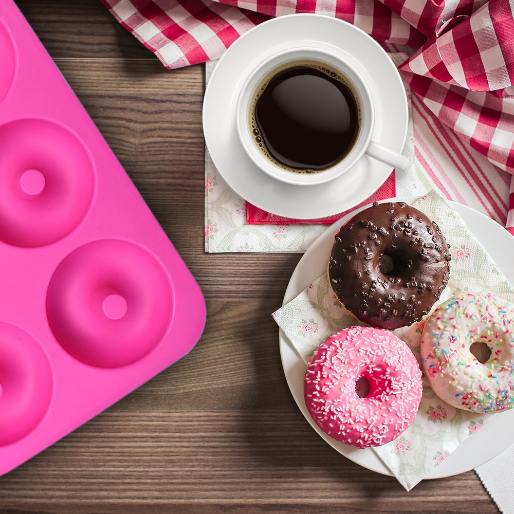 Homedge Silicone Donut Molds, 2-Pack Of Non-Stick Food Grade Silicone Pans For Doughnut Baking - Green And Pink