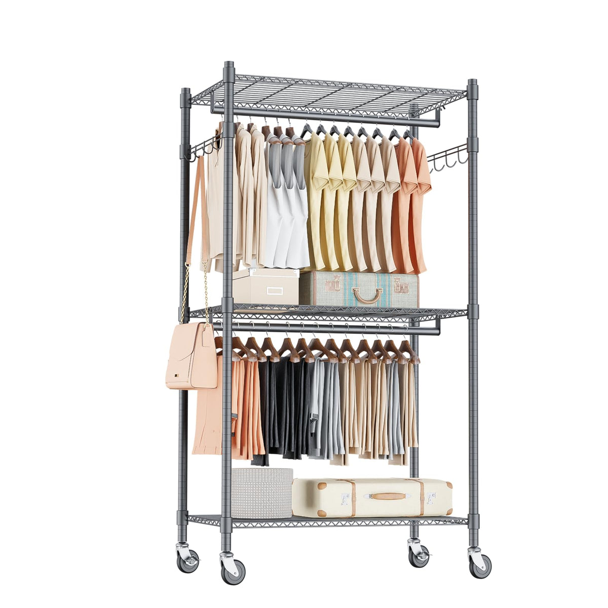 Homdox Garment Rack Heavy Duty, 3 Tier Rolling Clothing Racks For Hanging Clothes, Metal Wardrobe Closet, Free-Standing Clothes