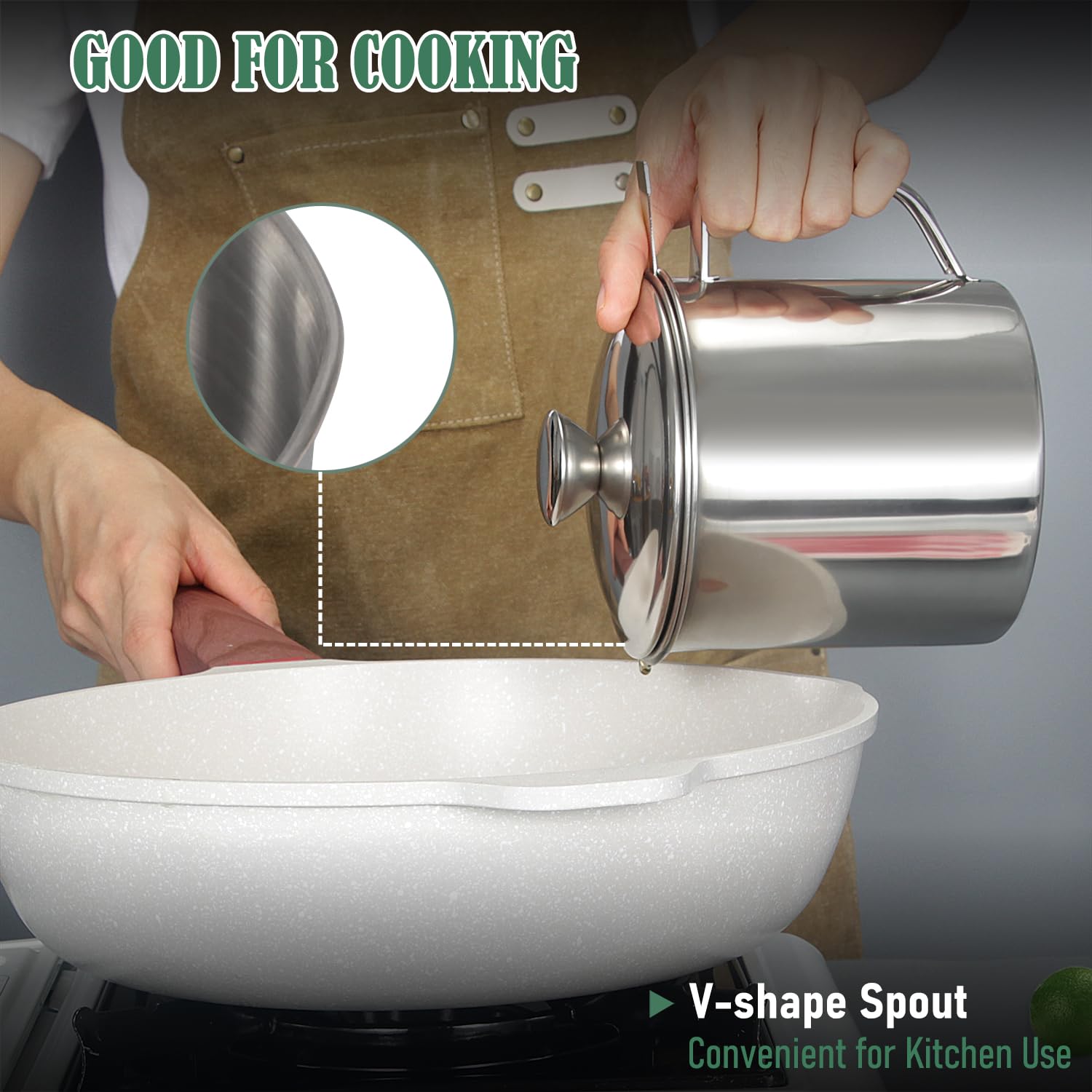 Tellshun Bacon Grease Container With Strainer 1.25 L / 42 Oz Strong Kitchen Catcher Food-Grade Stainless Steel Cooking Oil Keepe