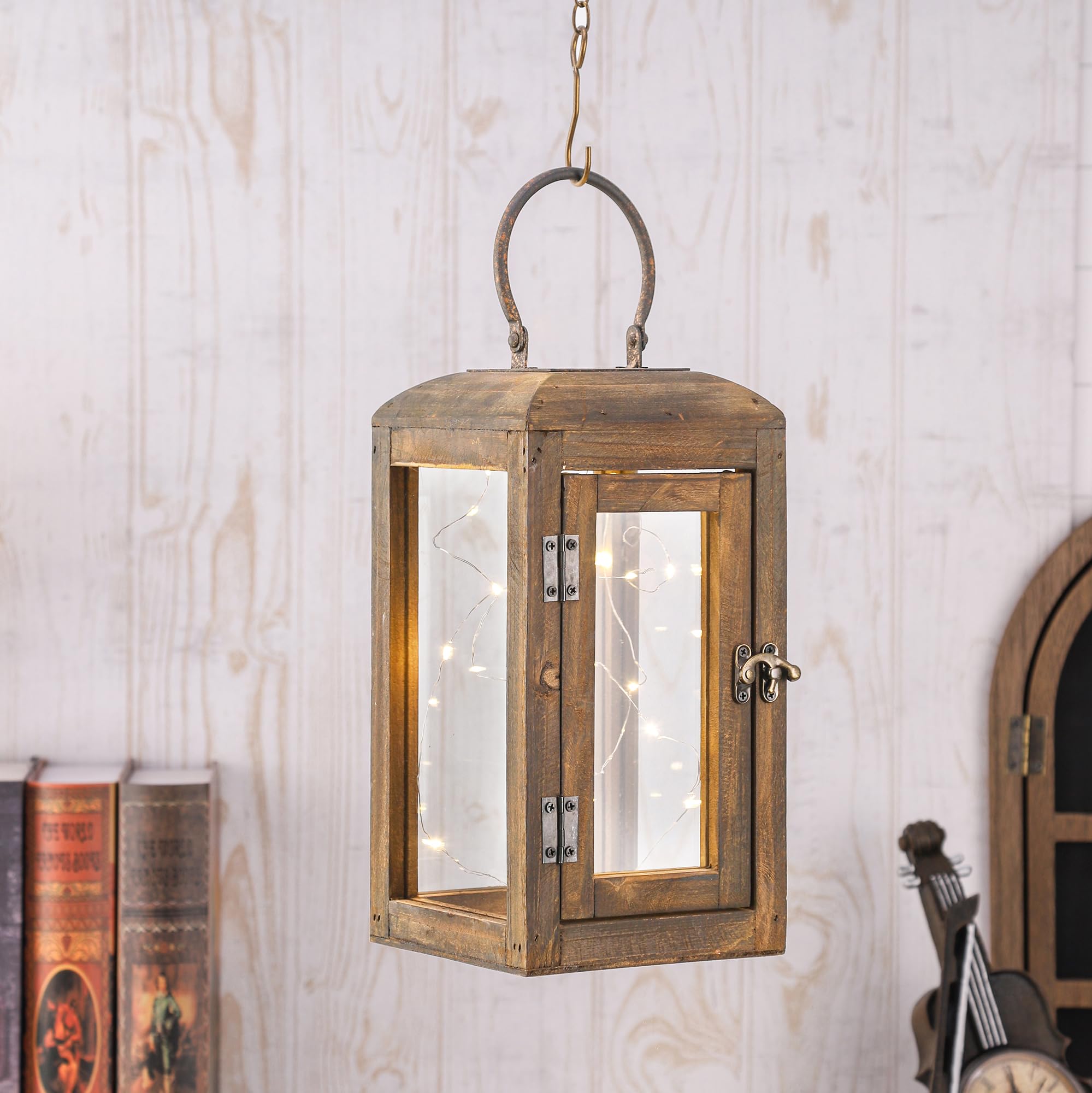 11 High Wooden Lantern Made of Solid Firwood in Handpainted Mediterranean Brown with Metal Handle,Hurricane Lantern, Farmhouse L