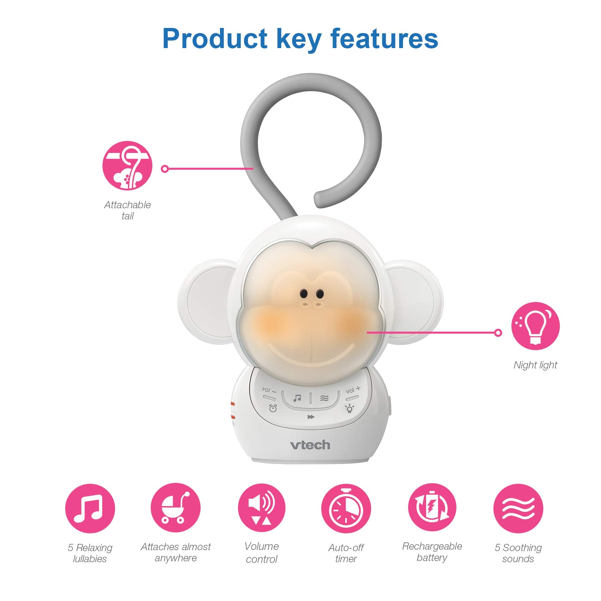VTech BC8211 Myla The Monkey Baby Sleep Soother with a White Noise Sound Machine Featuring 5 Soft Ambient Sounds  5 Calming Melodies & Soft-Glow Night Light  1 Count (Pack of 1)