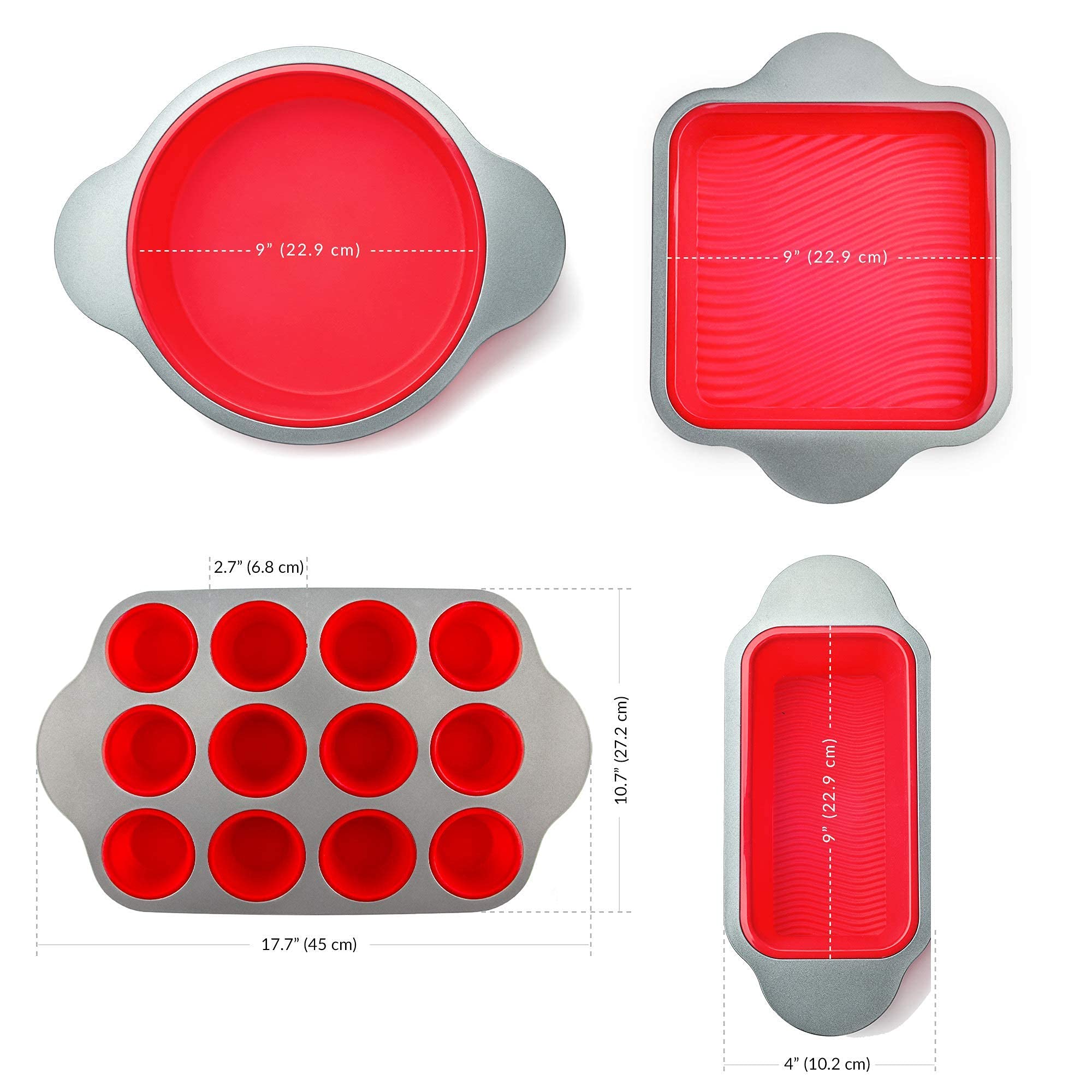 Boxiki Kitchen 13-Piece Non-Stick Silicone Bakeware Set With Cake Pan, Brownie Pan, Loaf Pan, Muffin Mold, Spatulas, Brush, And