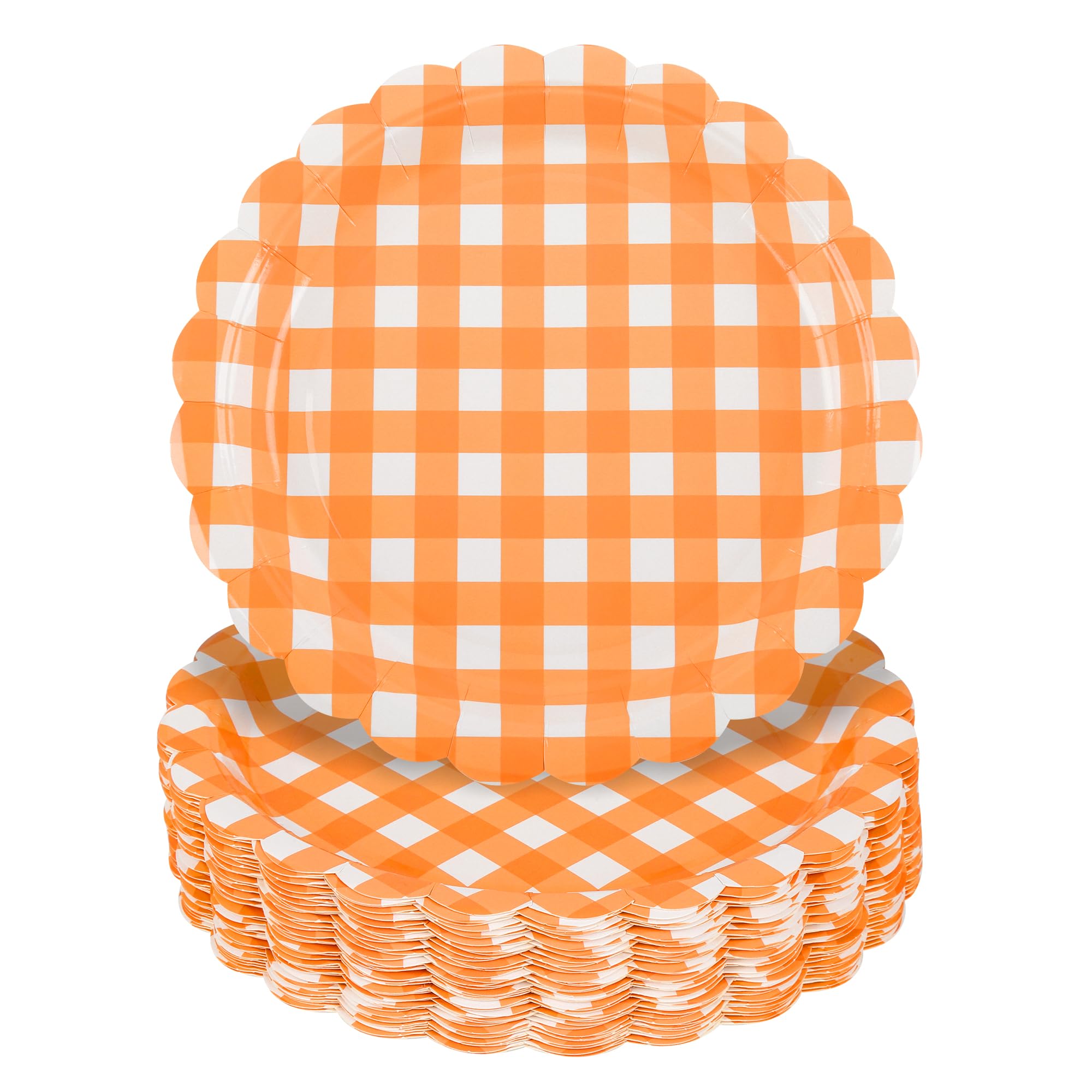 Houuqe 48Pcs 7 Inches Orange gingham Paper Plates Fall Plaid Paper PlatesHarvest Thanksgiving Party Disposable Orange and White 