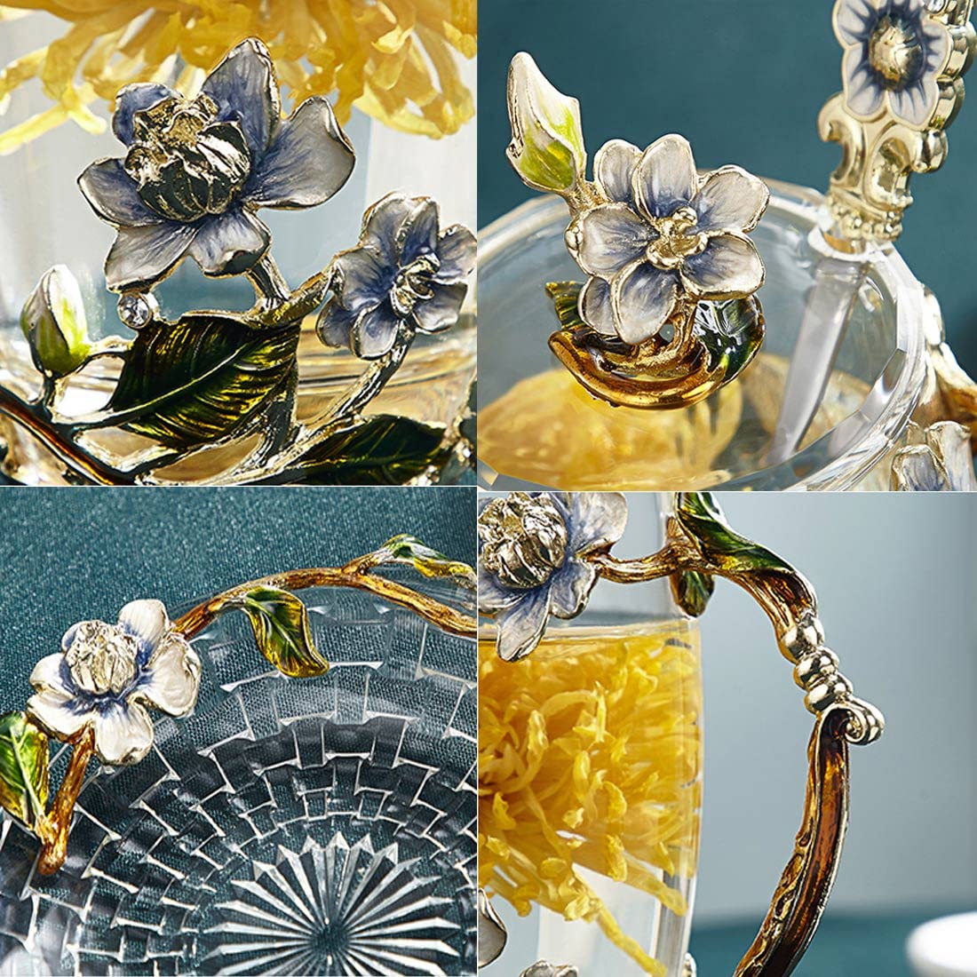 LANTREE Unique Tea Cups Mother's Day Gift Enamels Flower Glass Coffee Mug with Spoon Jasmine Cups Birthday Christmas Gift for Wo