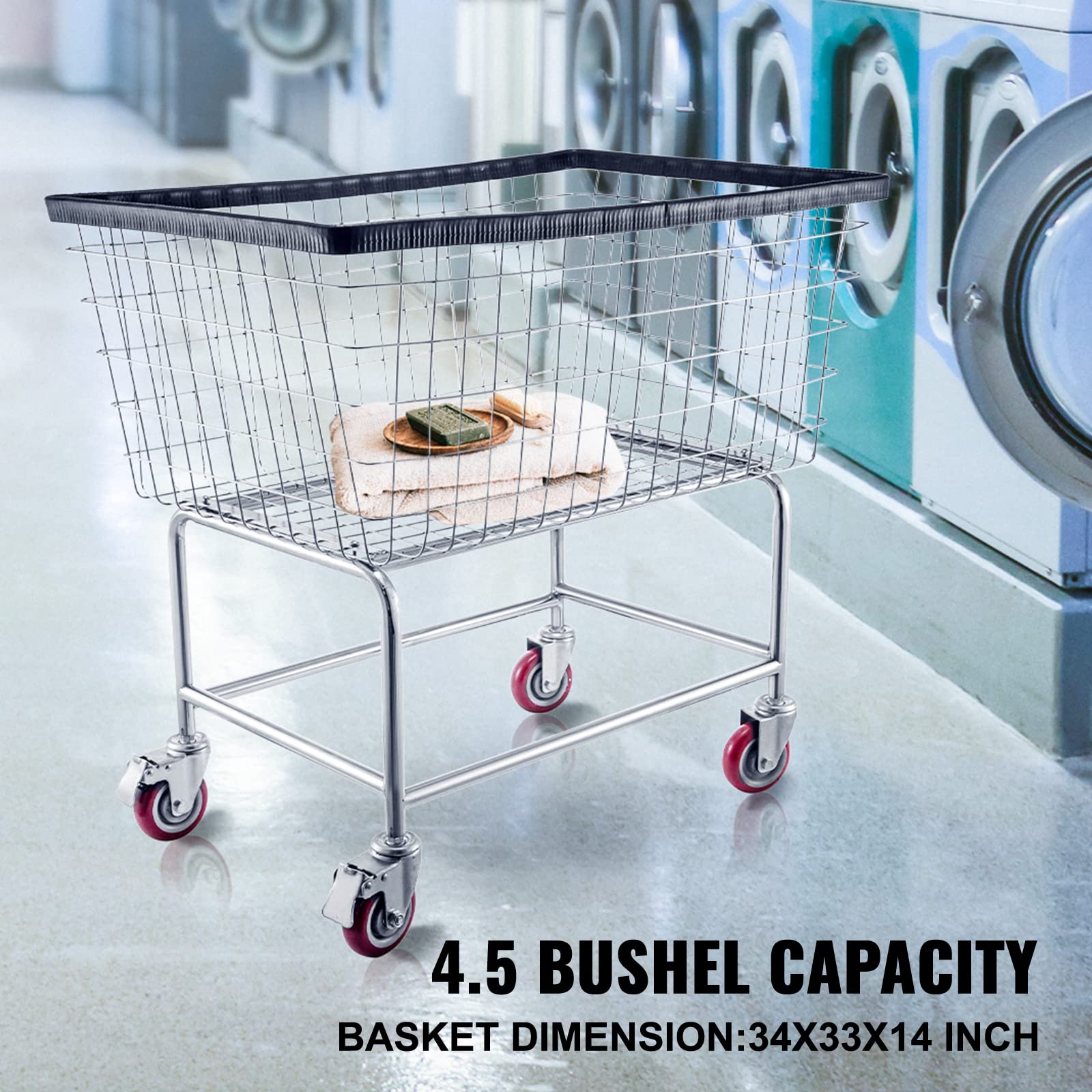 Vevor Wire Laundry Cart, 4.5 Bushel Wire Laundry Basket With Wheels, 35''X15.7''X22'' Commercial Wire Laundry Basket Cart, Steel