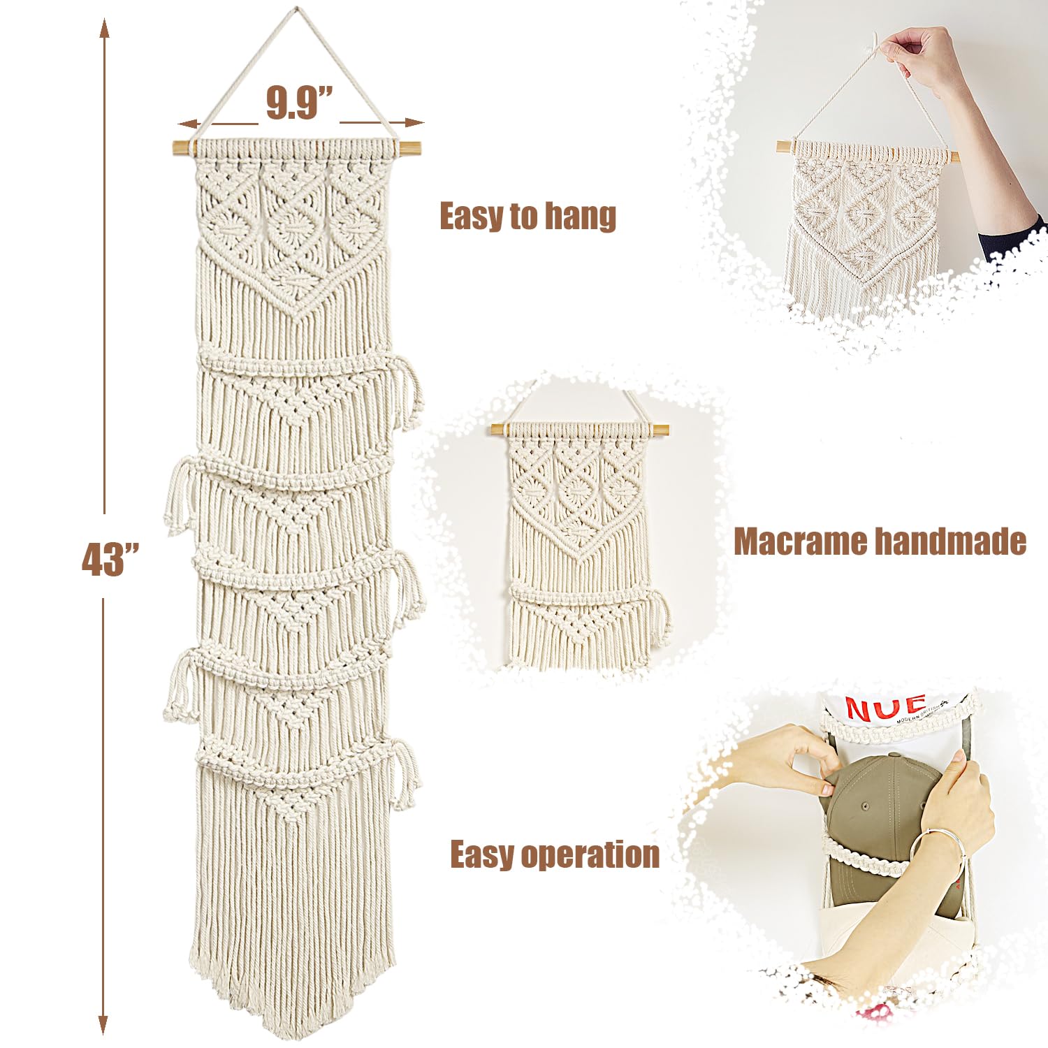 Ball Cap Hanger-2 Pack-Boho Macrame Cap Holder Wall Hat Organizer For Baseball Cap Holder Over Door, Hat Rack For Wall, Cap Rack