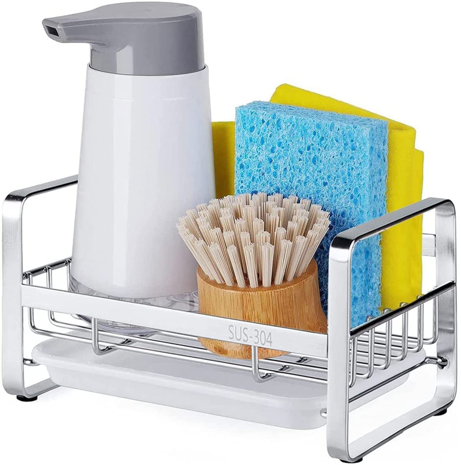 Hulisen Kitchen Sink Sponge Holder, 304 Stainless Steel Kitchen Soap Dispenser Caddy Organizer, Countertop Soap Dish Rack Draine