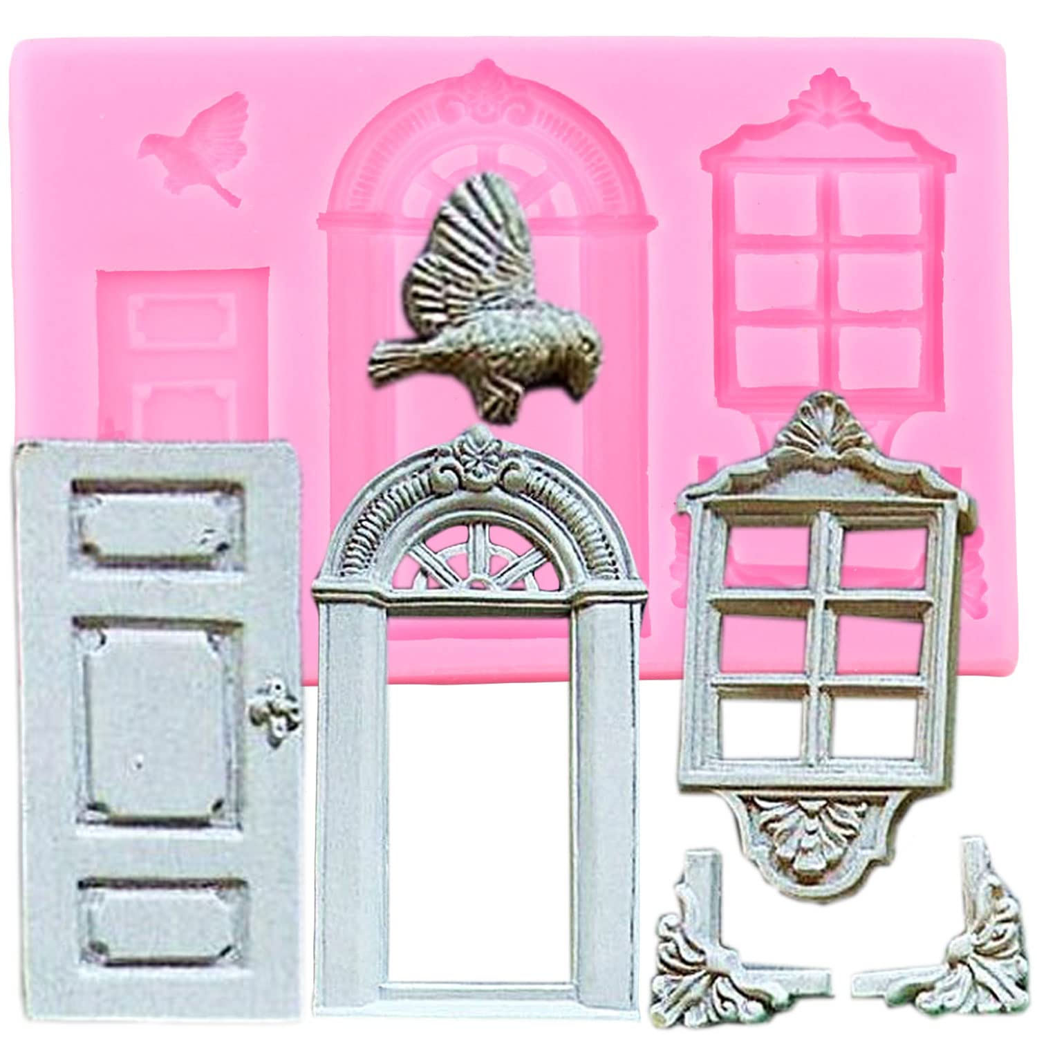 Mujiang Enchanted Vintage Fairy Garden Fairy Gnome Home Door Window Silicone Chocolate Fondant Molds Flower Bird Staircase Raili