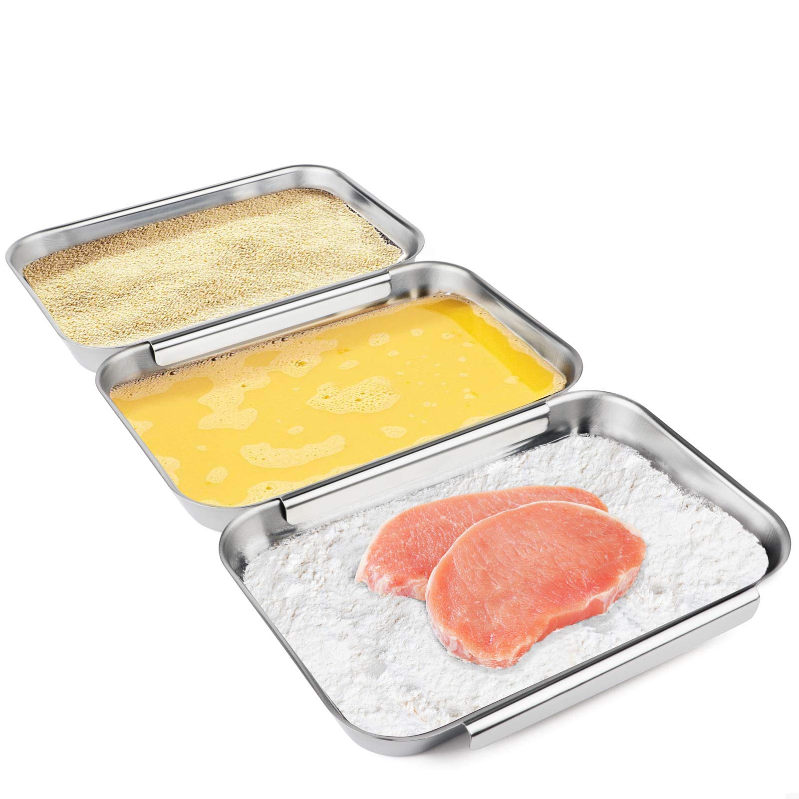 Hulisen Set Of 3 Breading Pans, Stainless Steel Breading Set For Marinating Meat, Chicken, Fish, Food Prep Trays, Coating Trays