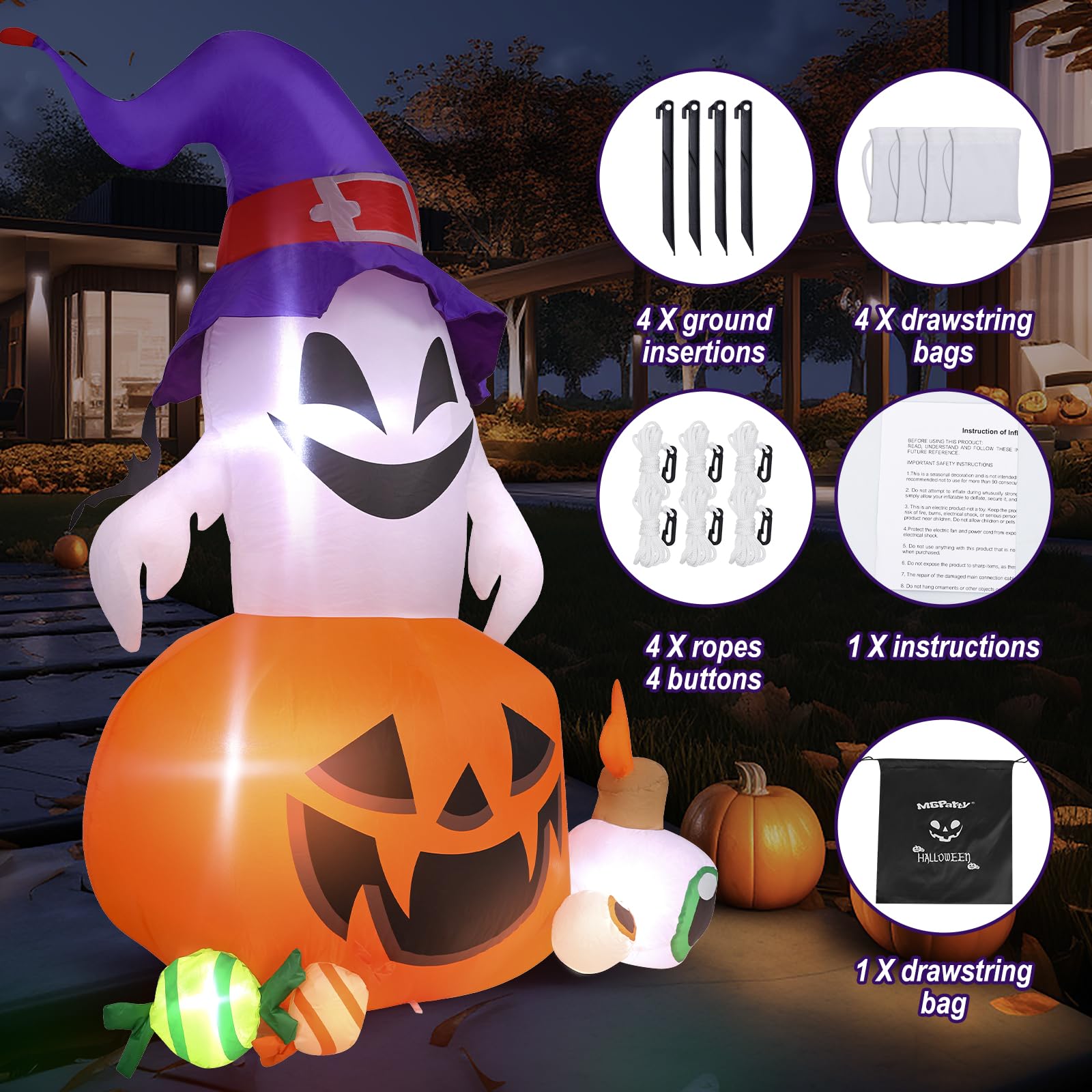 5FT Halloween Inflatable Outdoor Decoration Pumpkin Ghost with Built-in LEDs Blow Up for Halloween Party Holiday Indoor Outdoor
