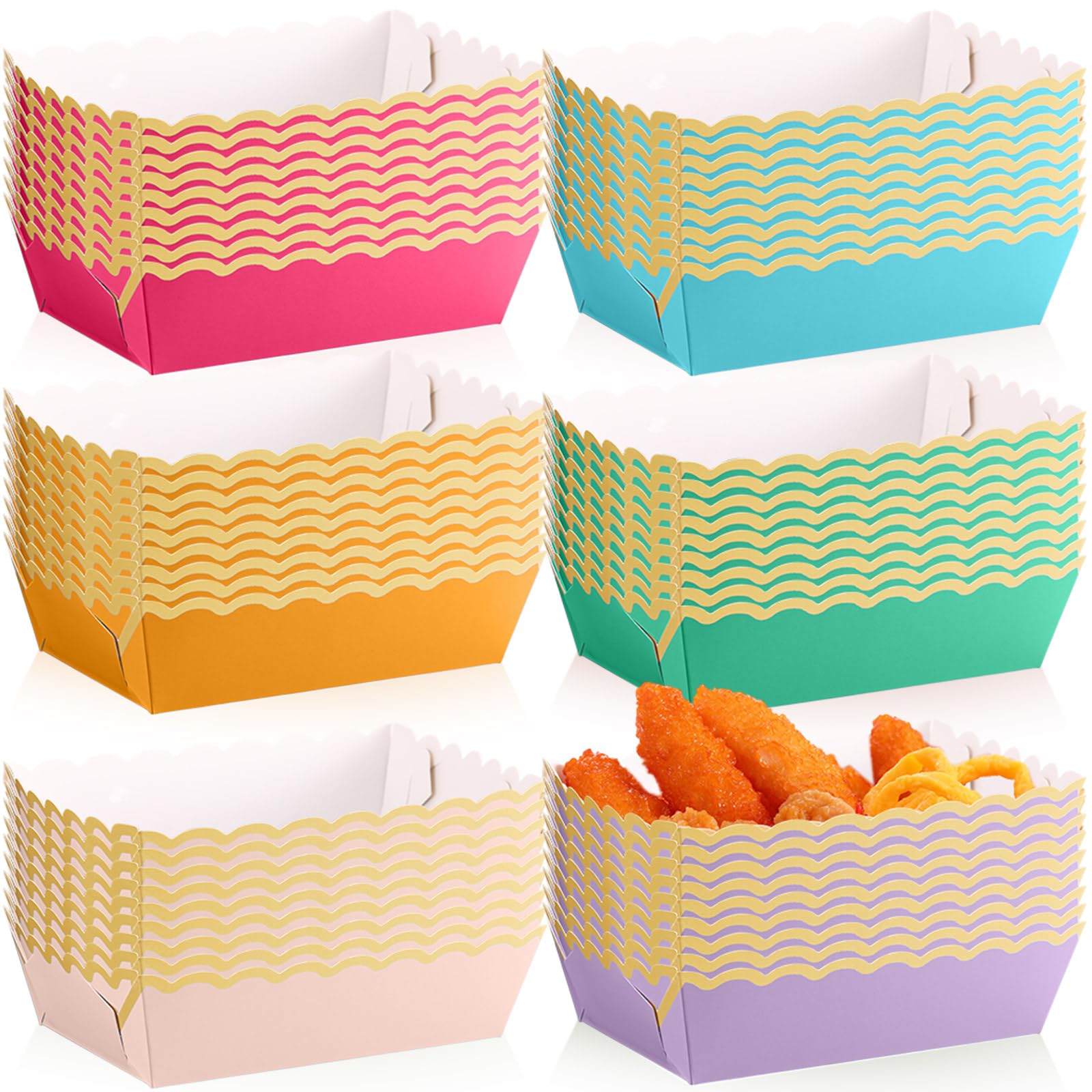 Blushtier 60pcs Candy Color Paper Food Boat Trays Scalloped Party Supplies Kraft Disposable Nacho Serving Trays Plates with Gold