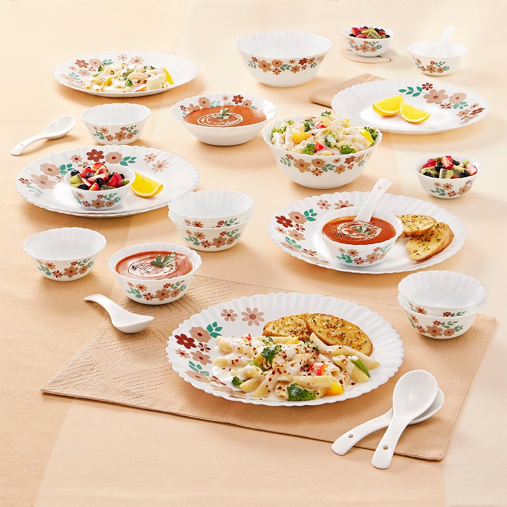 Larah By Borosil Ayana Silk Series Opalware Dinner Set | 27 Pieces For Family Of 6 | Microwave & Dishwasher Safe | BoneAsh Free