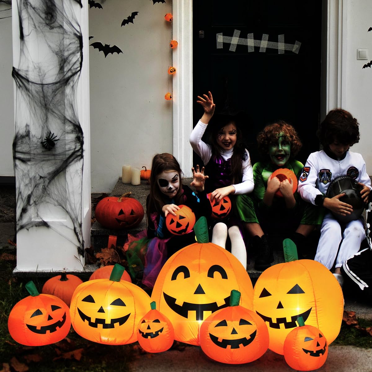 Decfine Halloween Inflatable Pumpkin Outdoor Decoration,JackoLanterns with Build-in LED Lights, Blow Up 7 Pcs Pumpkins Patch for