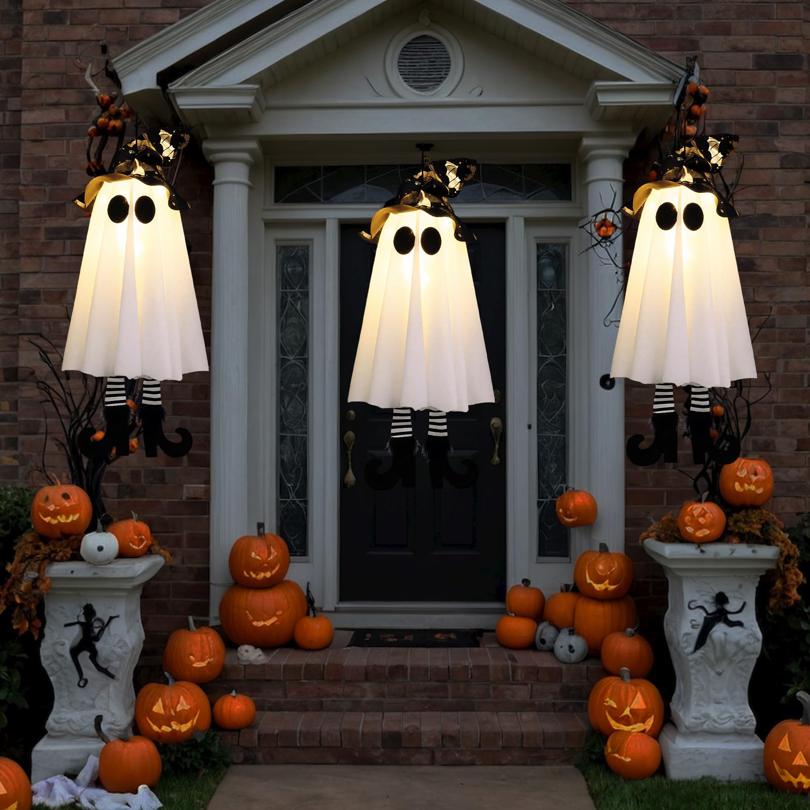 3 Packs Hanging Ghosts Halloween Decor, Halloween Decorations Outdoor with Witch Hat,Glowing Ghost Witch Hat Lights, Ghost Decor