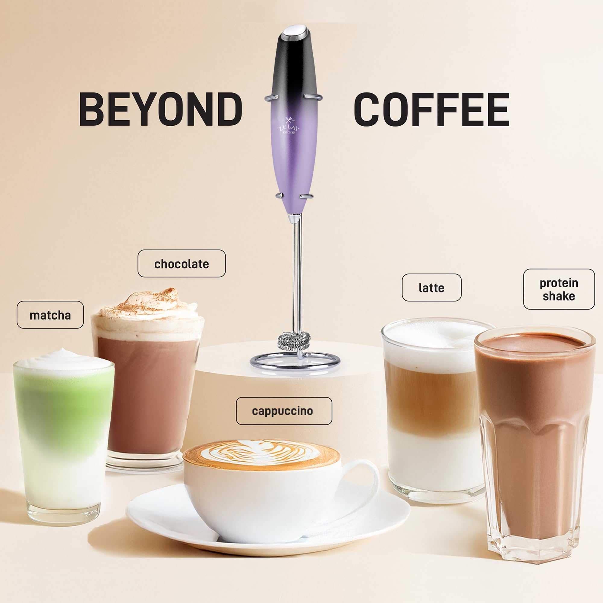 Zulay Kitchen Whisk Milk Frother with 4 Duracell Batteries - Powerful Handheld Foam Maker for Coffee, Lattes, Matcha, Hot Chocol