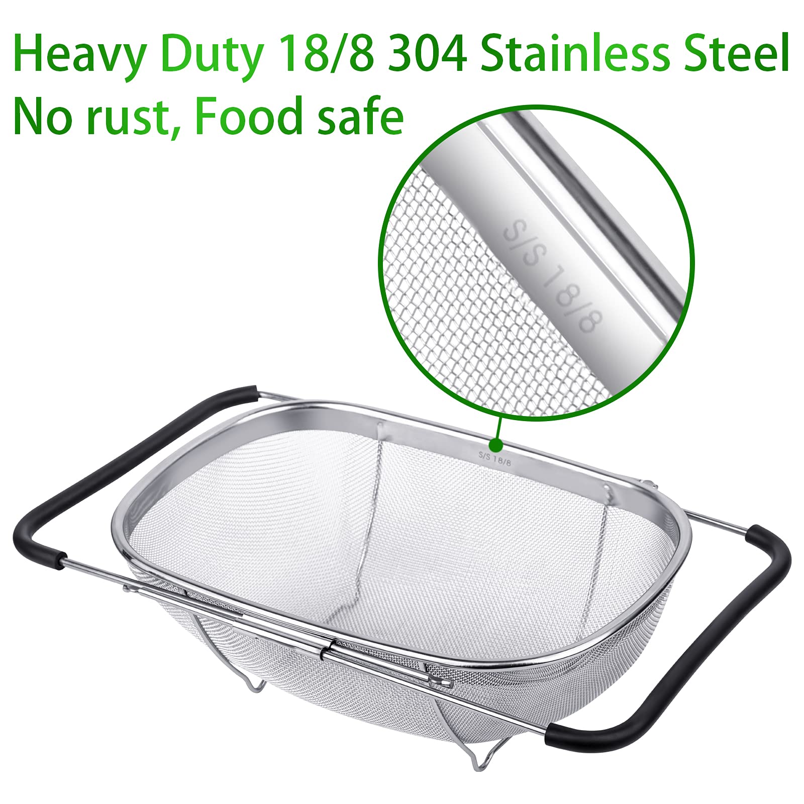 6-Quart Large Over The Sink Colander, 18/8 Stainless Steel Fine Mesh Strainer Basket With Expandable Rubber Grip Handles - Strai