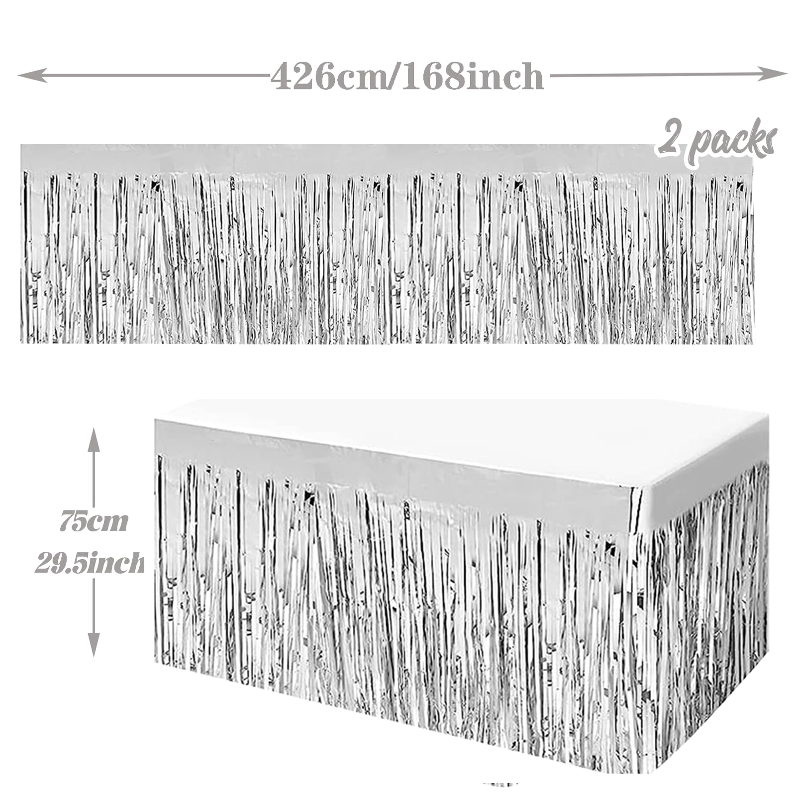 2 Pack 29.5X168 Inch Metallic Foil Fringe Tinsel Table Skirts Disposable Table Skirt For Parade Floats, Mardi Gras Party, Weddin