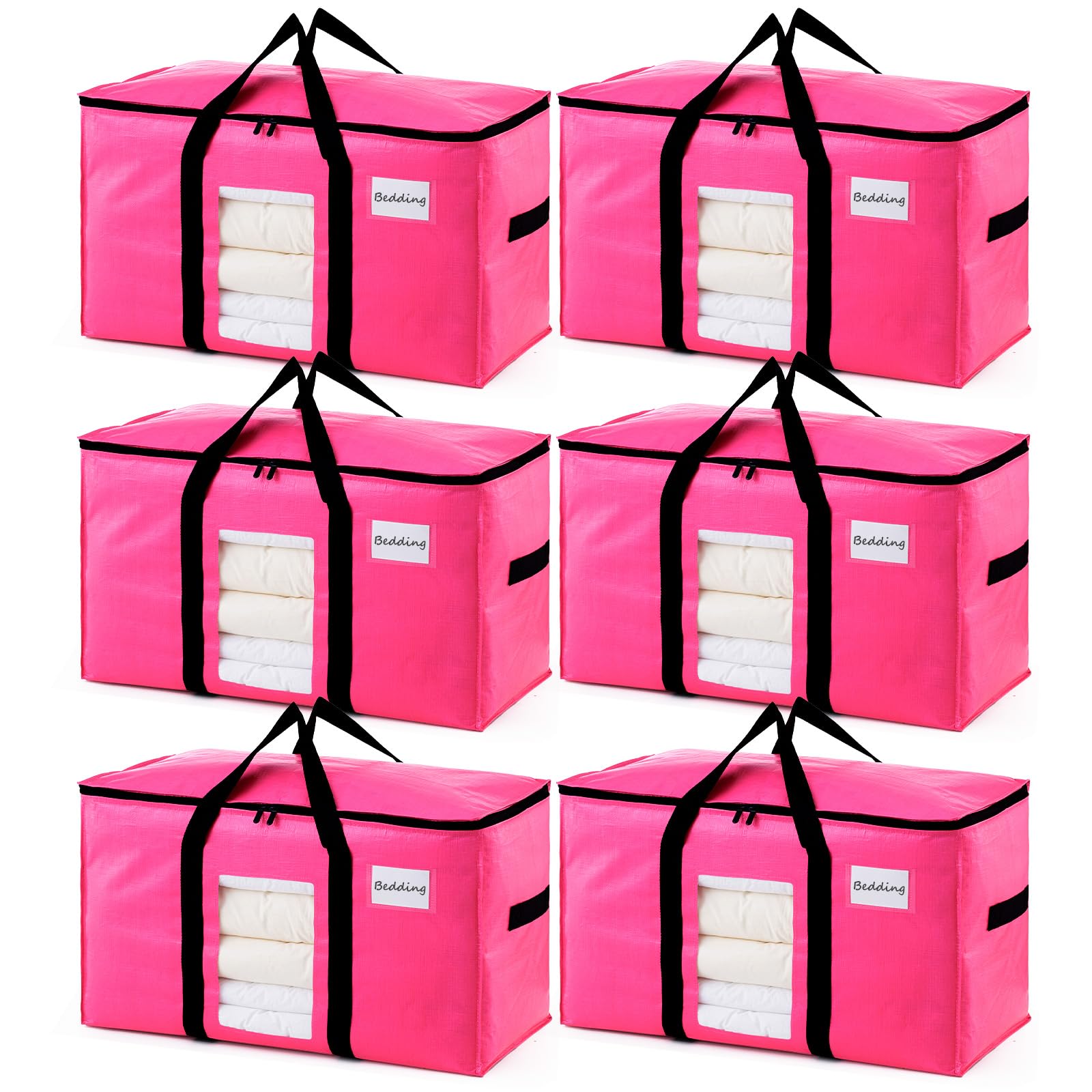 TAILI 6 Pack Pink Extra Large Moving Bags, Heavy Duty Totes with Visible Window, Wrap Around Handles, Space-Saving Storage Solut
