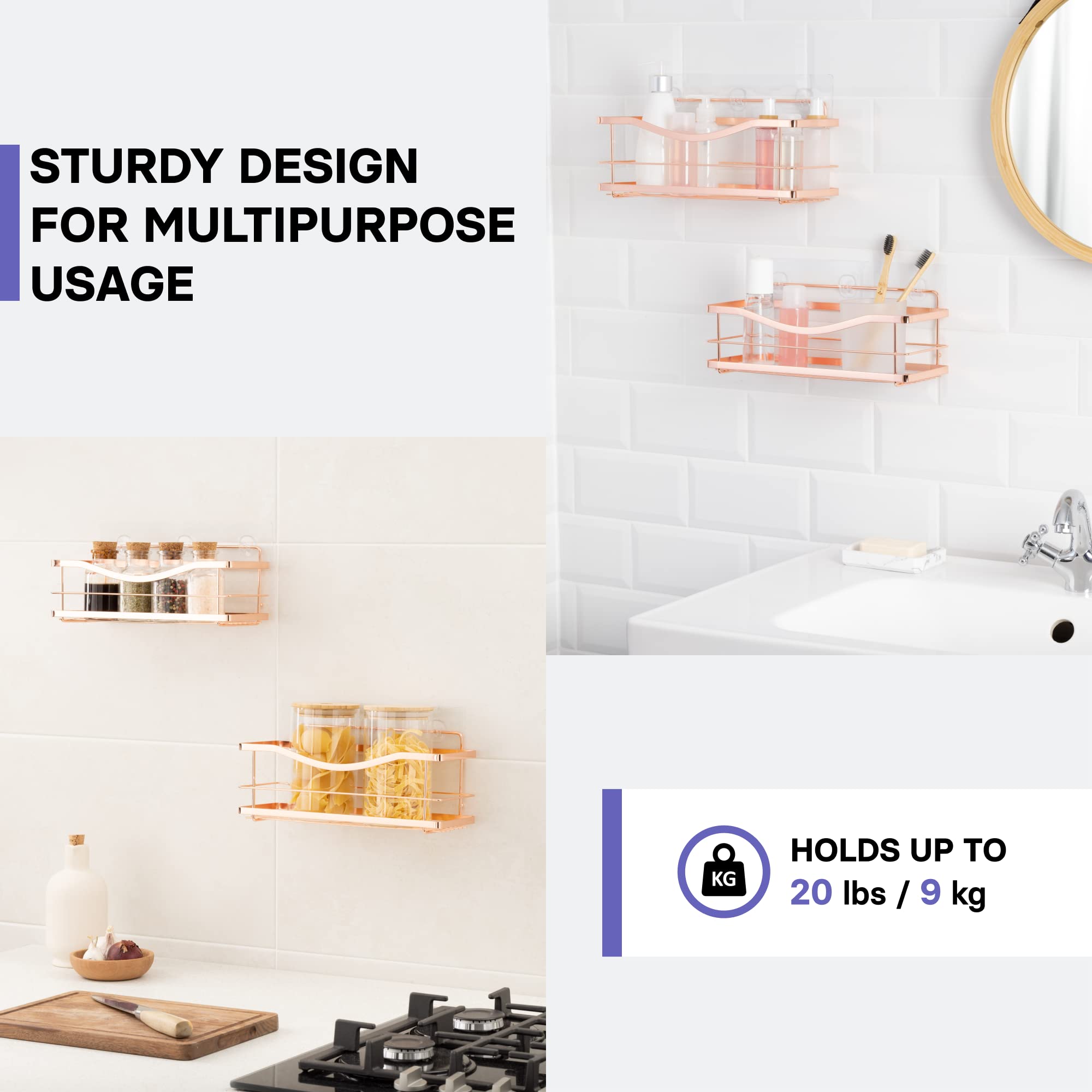 Kincmax Shower Shelves 2-Pack - Premium Self Adhesive Shower Caddy W/ 4 Hooks - No Drill Large Capacity Stainless Steel Wall She