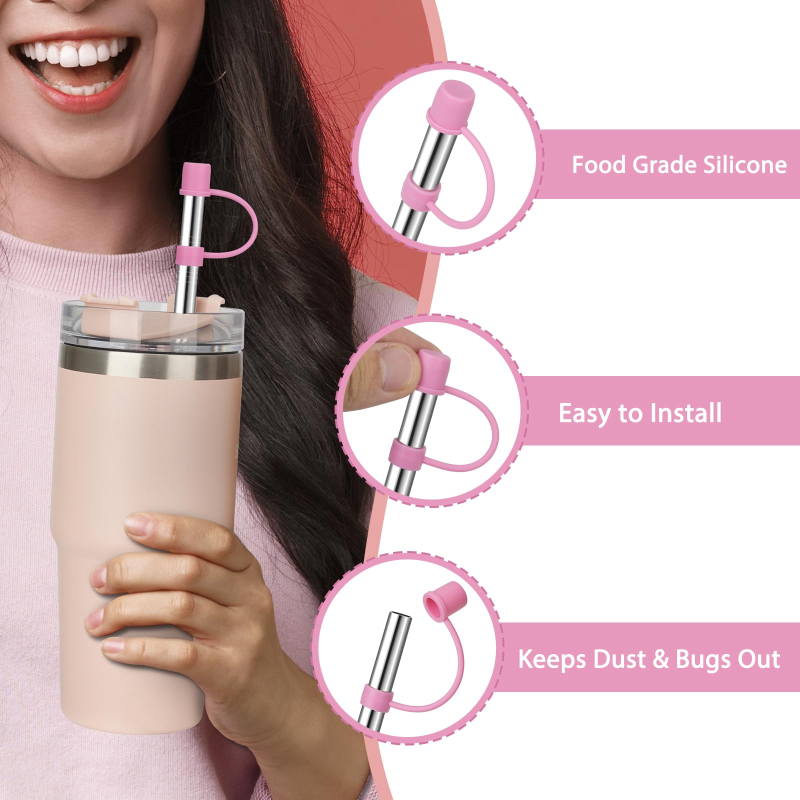 Jetstop 6 Straws With Cover For Stanley Tumbler, Reusable Stainless Steel Straws With Silicone Stoppers, Perfect For Stanley 40