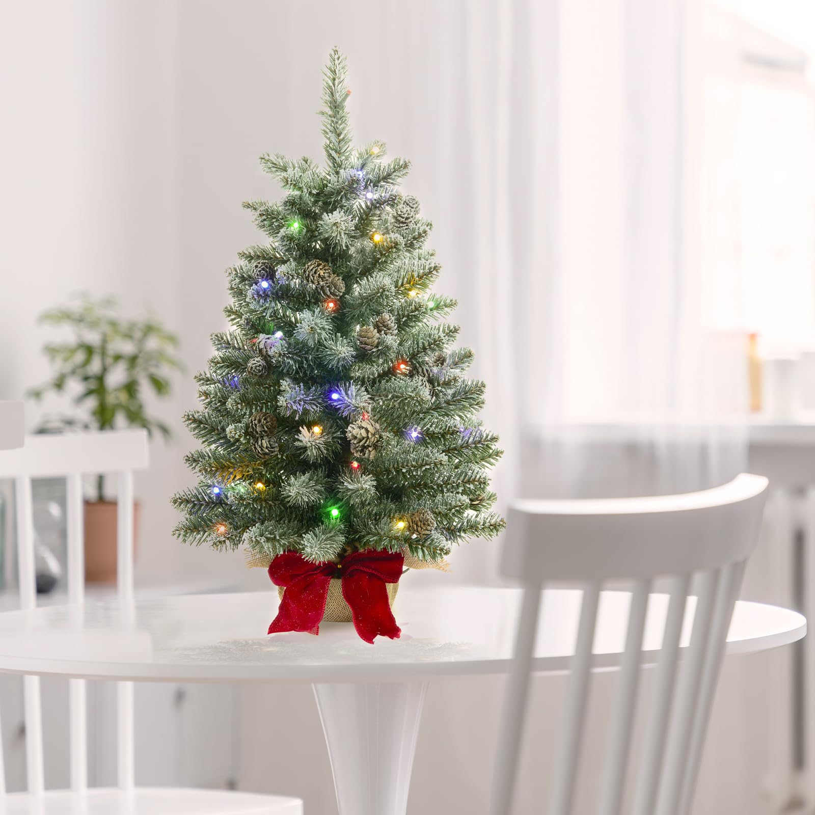 2 ft Mini Christmas Trees with Red Bow Base, 25 F5 LED Lights, 24 Decorated Burlap Artificial Tabletop Christmas Trees with Floc