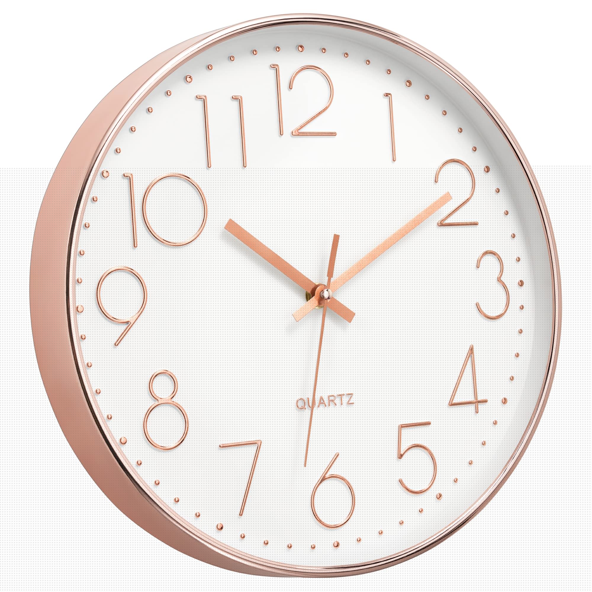 Foxtop Modern Wall Clock 12 Inch Non-Ticking Silent Battery Operated Round Quartz Rose Gold Wall Clock for Office Bedroom Living