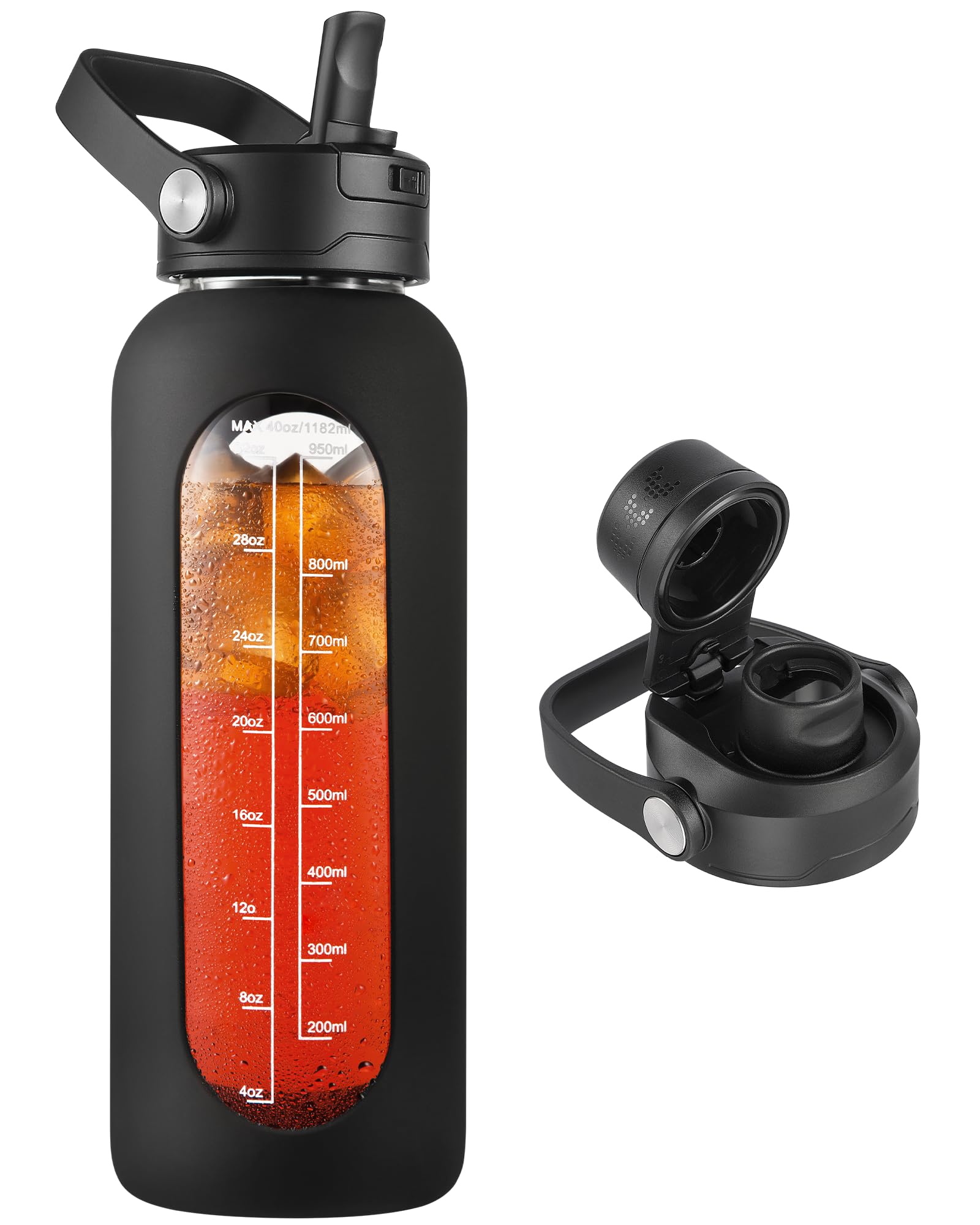 CIVAGO 40 oz Glass Water Bottle with Detachable Straw and Time Maker