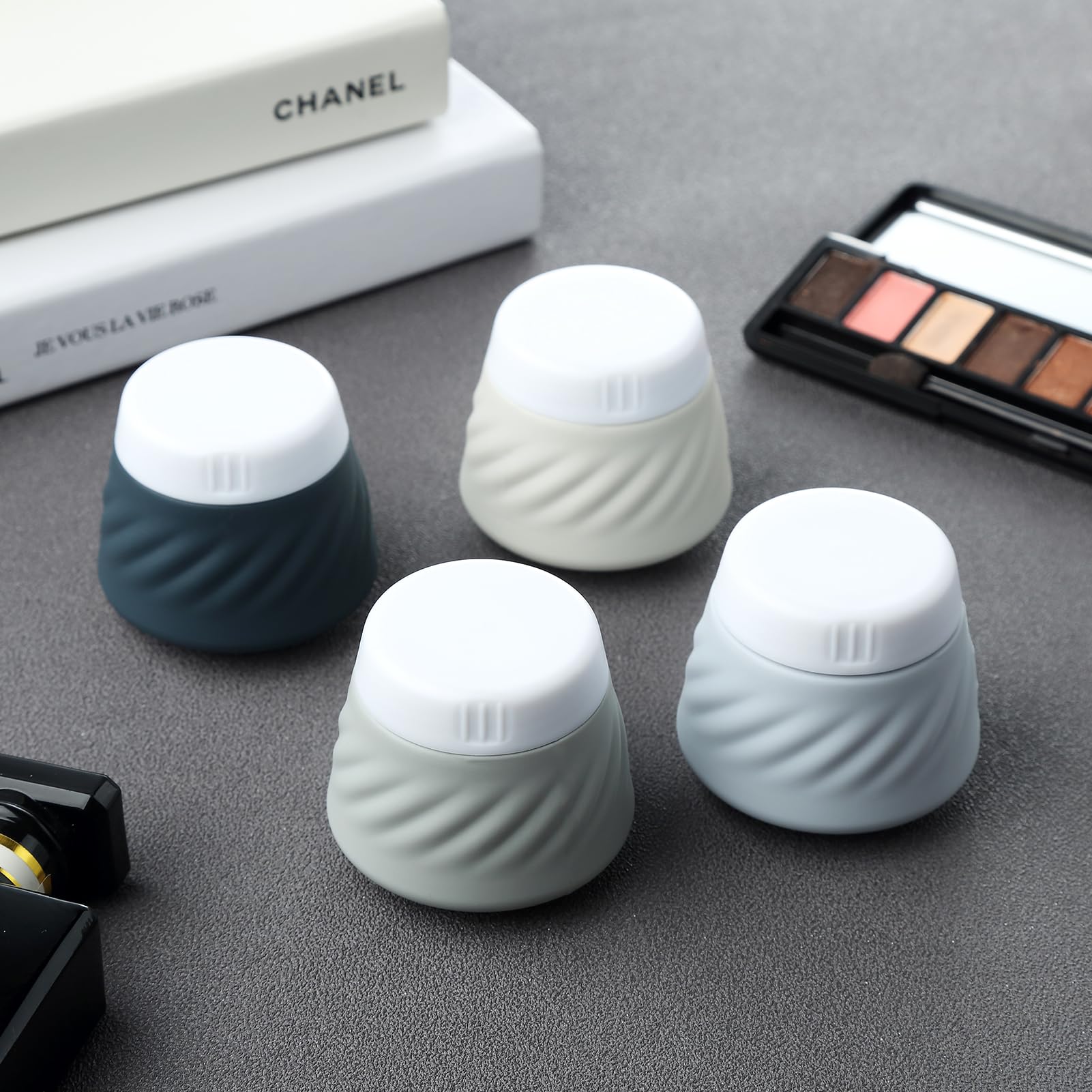 Gemice Tsa Approved Travel Containers For Toiletries, 4 Pack Silicone Cream Jars With Convenient Toiletry Bag, Leak-Proof Wide M