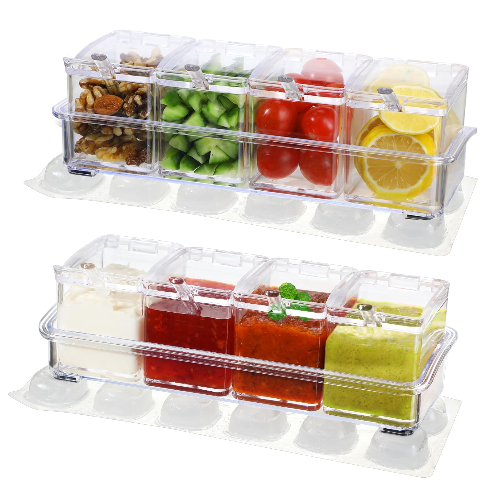 2 Pcs Ice Chilled Condiment Containers Caddy with Lids - Condiment Organizer with Reusable Ice Sheets, Chilled Serving Trays for