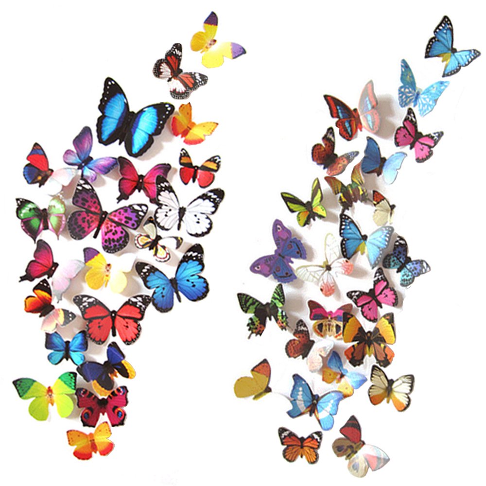 Heansun 80 PCS Butterfly Wall Decor Waterproof Removable Reusable Wings Foldable Plastic Butterflies Wall Stickers for Home Room