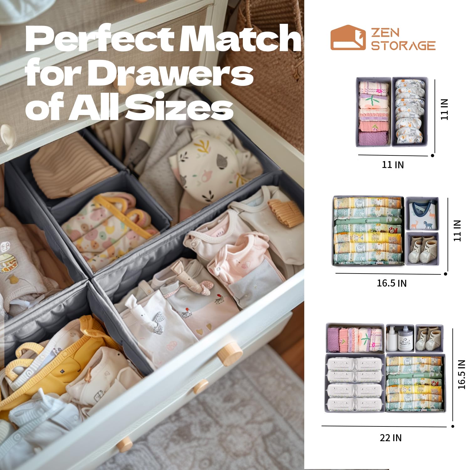 ZenStorage 16 Pack Drawer Organizer for Baby Clothes, Nursery Drawer Organizer for Baby Diaper, Collapsible Deep Fabric Drawer O