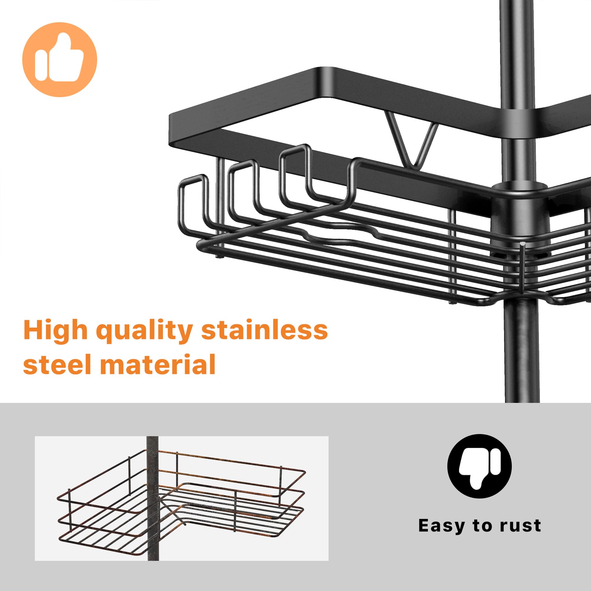 Kegii Corner Shower Caddy Tension Pole - Shower Tension Rod Organizer, Floor To Ceiling Shower Caddy 25-114.2 Inch, Towel Rack C