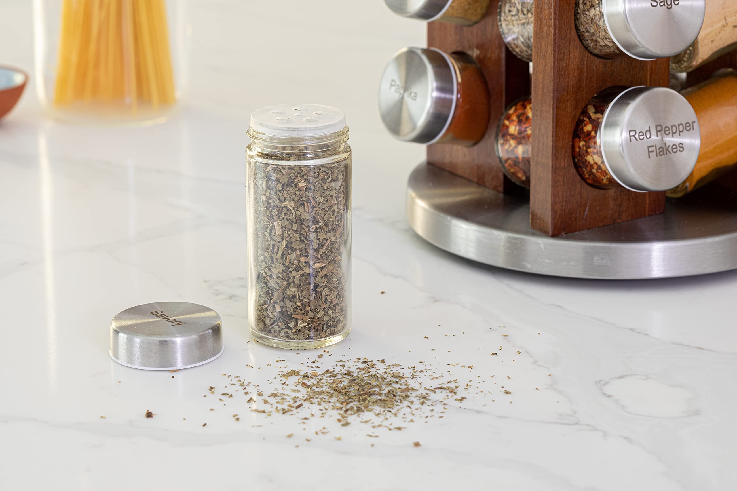 Orii 20 Jar Dark Acacia Wood Spice Rack With Spices Included - Rotating Tower Organizer For Kitchen Spices And Seasonings, Free