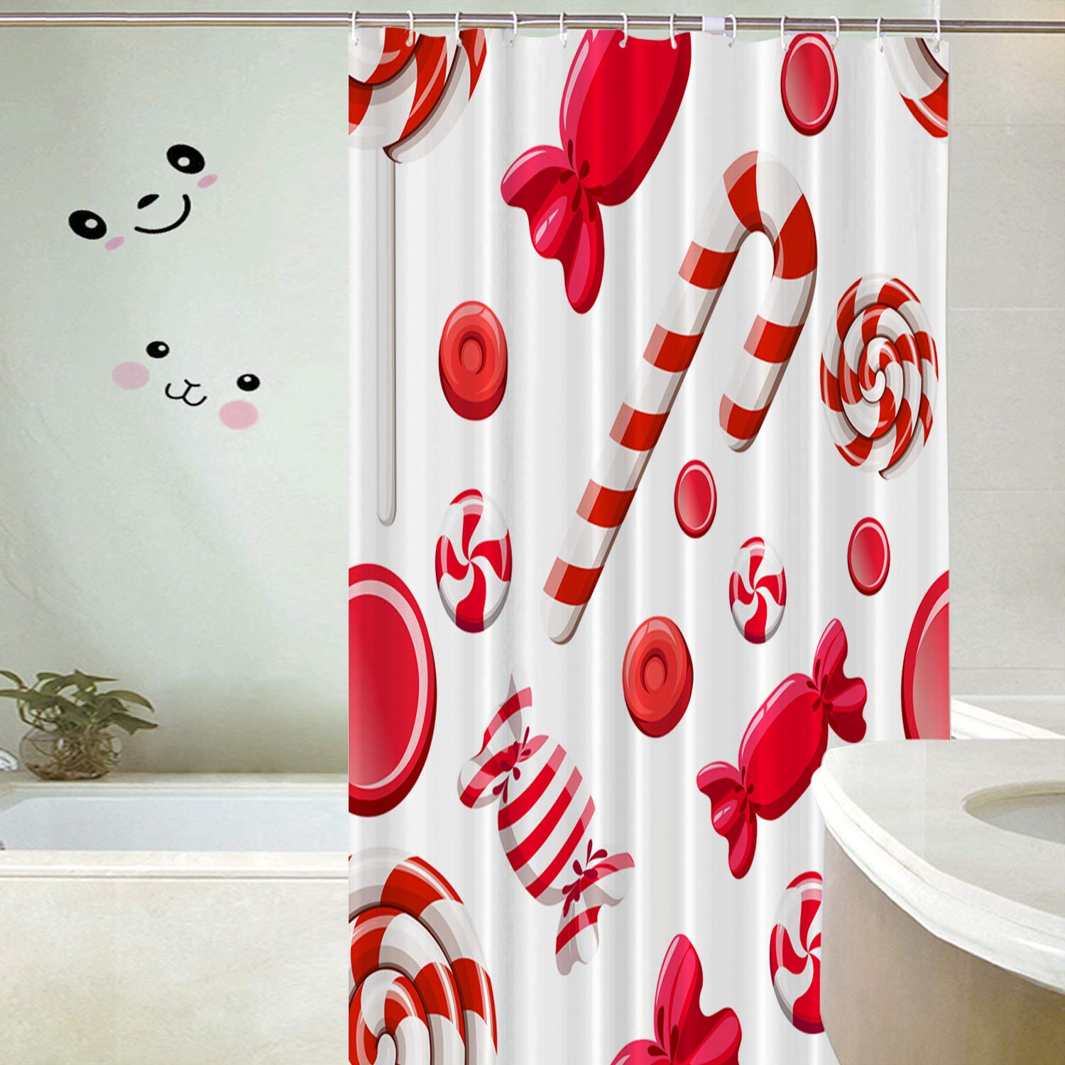Batmerry Red White Brown Christmas Decorative Shower Curtain, Red White Green Sweet Peppermint Candy Striped Cute Long Wide With