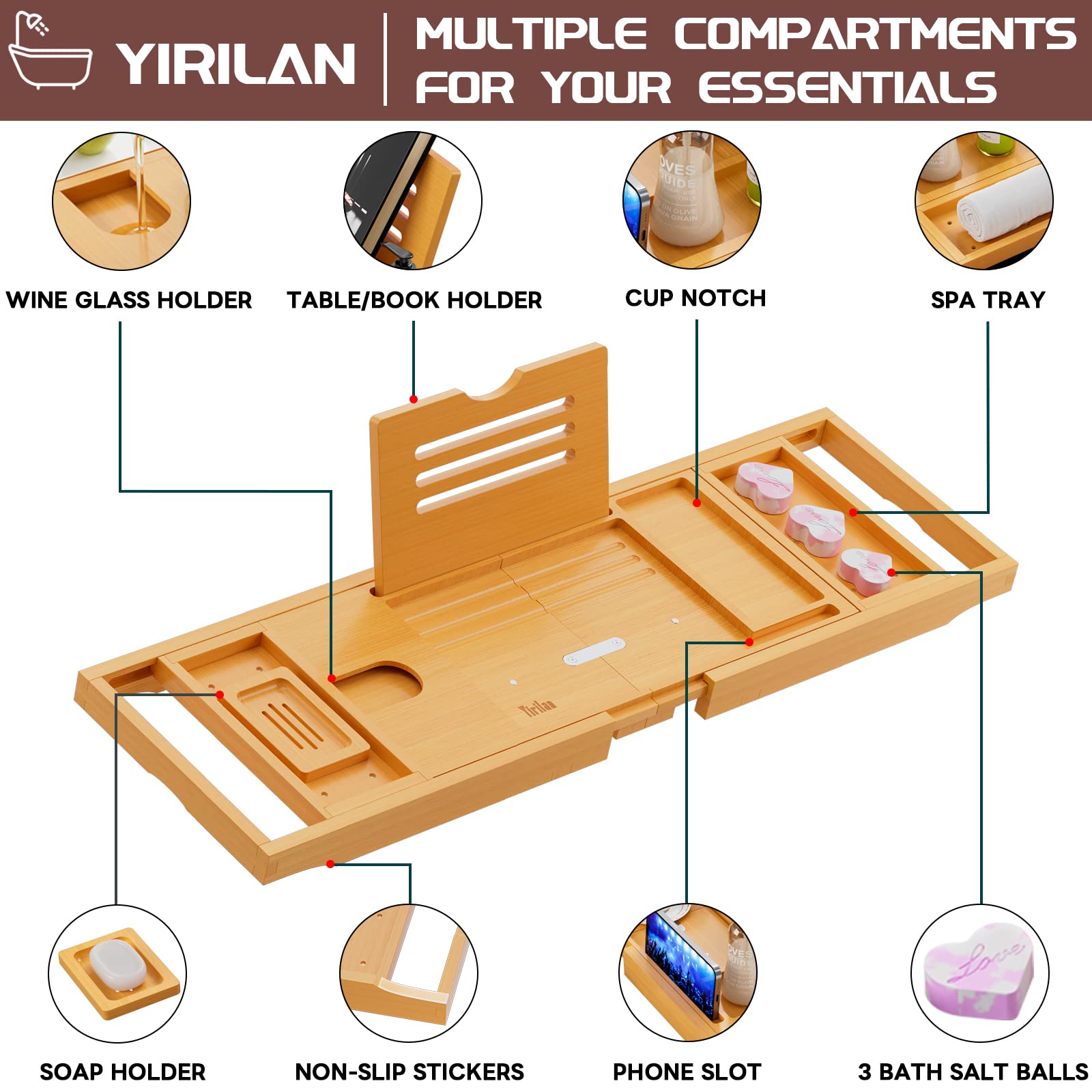 Yirilan Bamboo Bathtub Tray Caddy for 1-2 Persons, Expandable Wooden Design, Brown