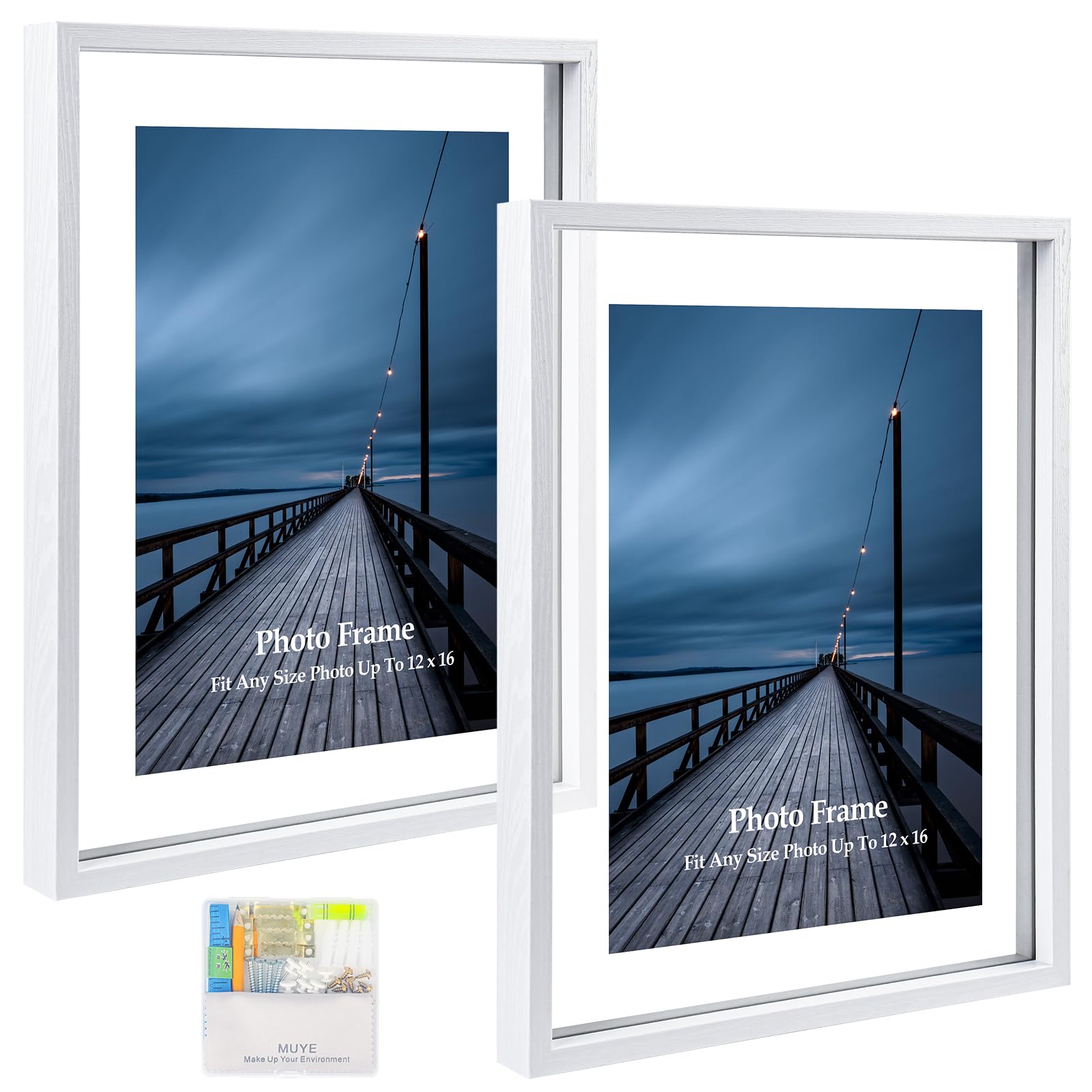 MUYE 12x16 Floating Frame Set of 2,Double Real Glass Photo Frame,Display Any Size Photo up to 12x16,Wall Mount or Tabletop Stand