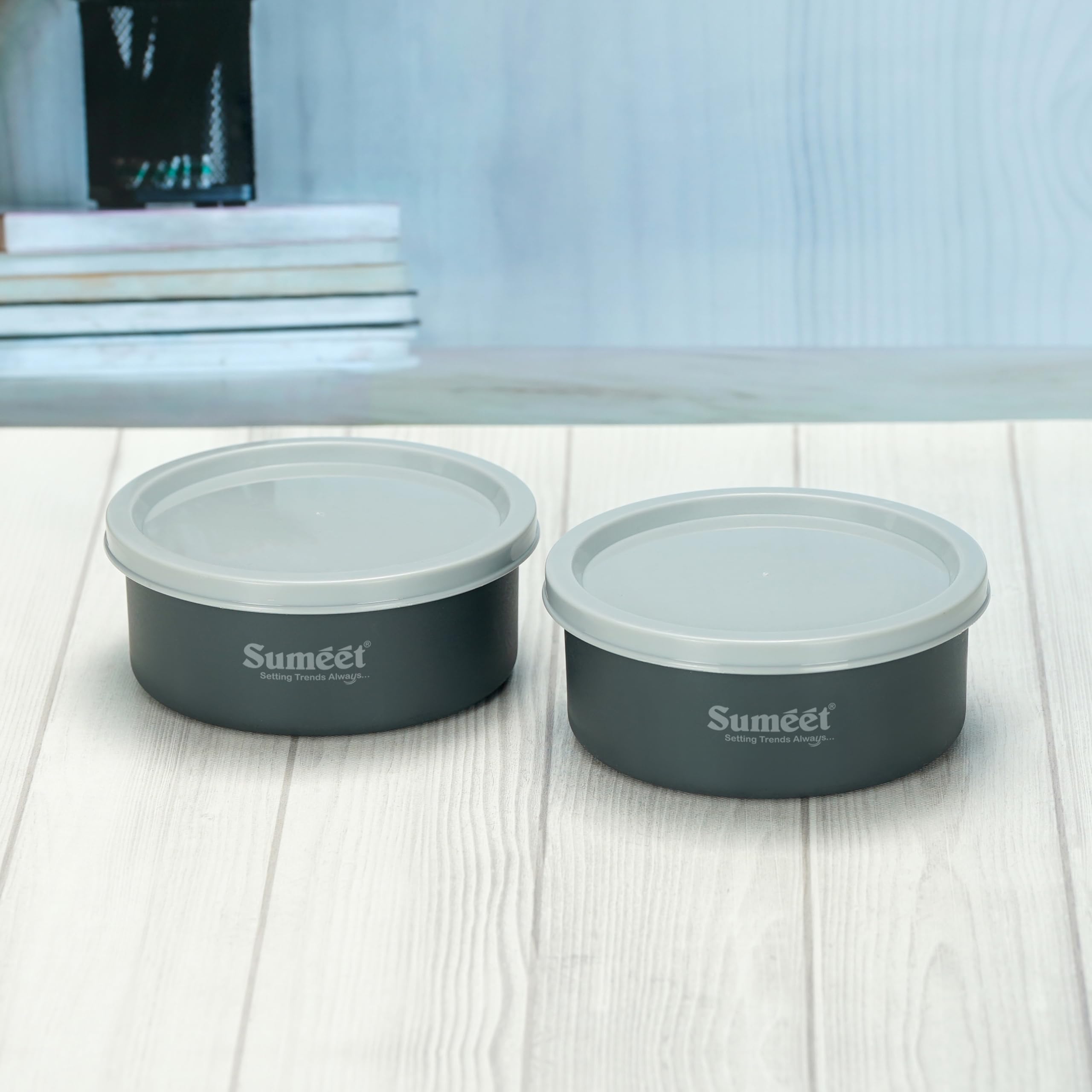Sumeet Microwave Safe Stainless Steel Air Tight & Leak Proof Lunch Boxes Storage Containers With Lids For Kitchen Office School  420Ml  Set Of 2  Grey