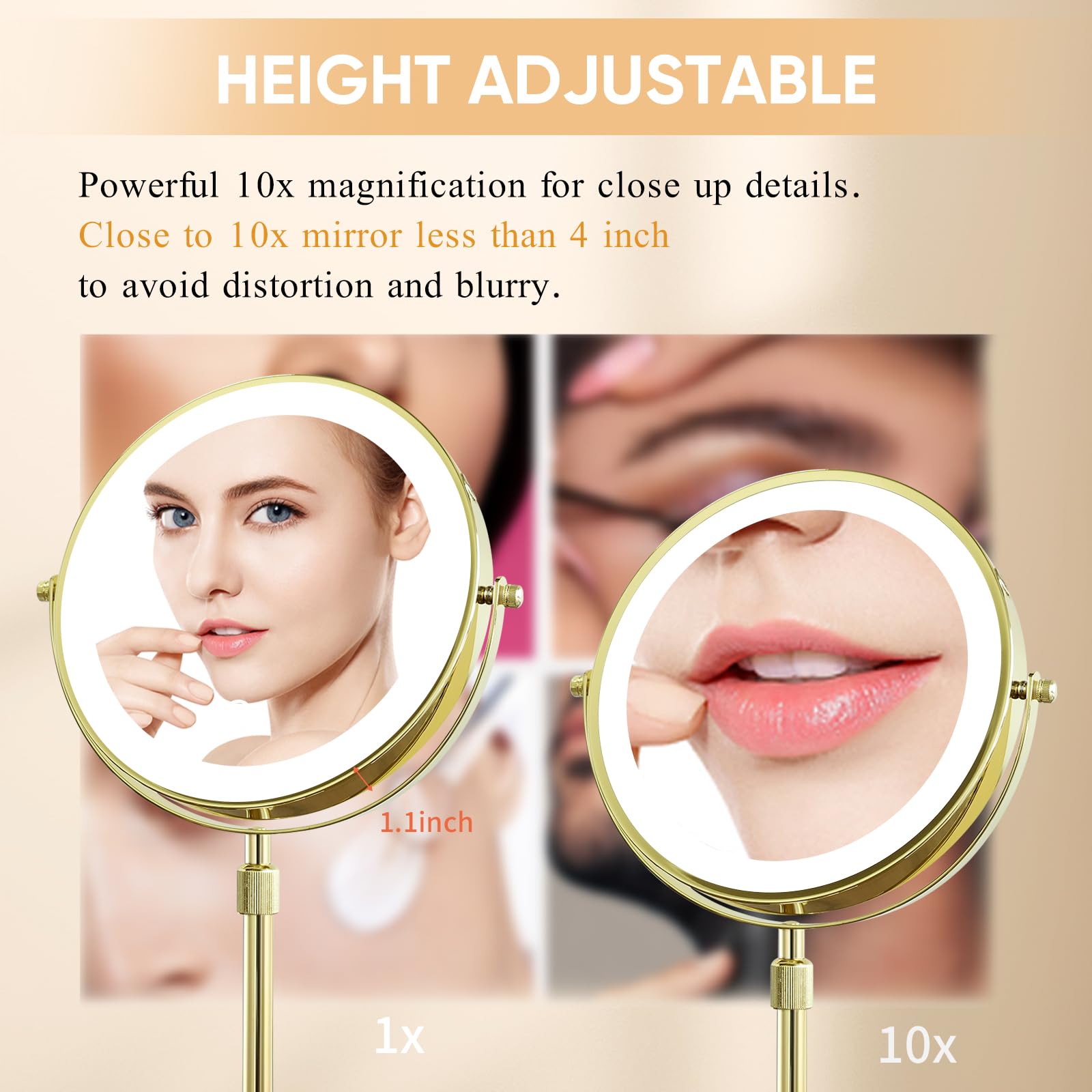 Nicesail Led Make Up Mirror With Lighting, Magnifying Mirror With 3 Color Dimmable Lights, Stand Up Lighted Makeup Mirror 360Rot