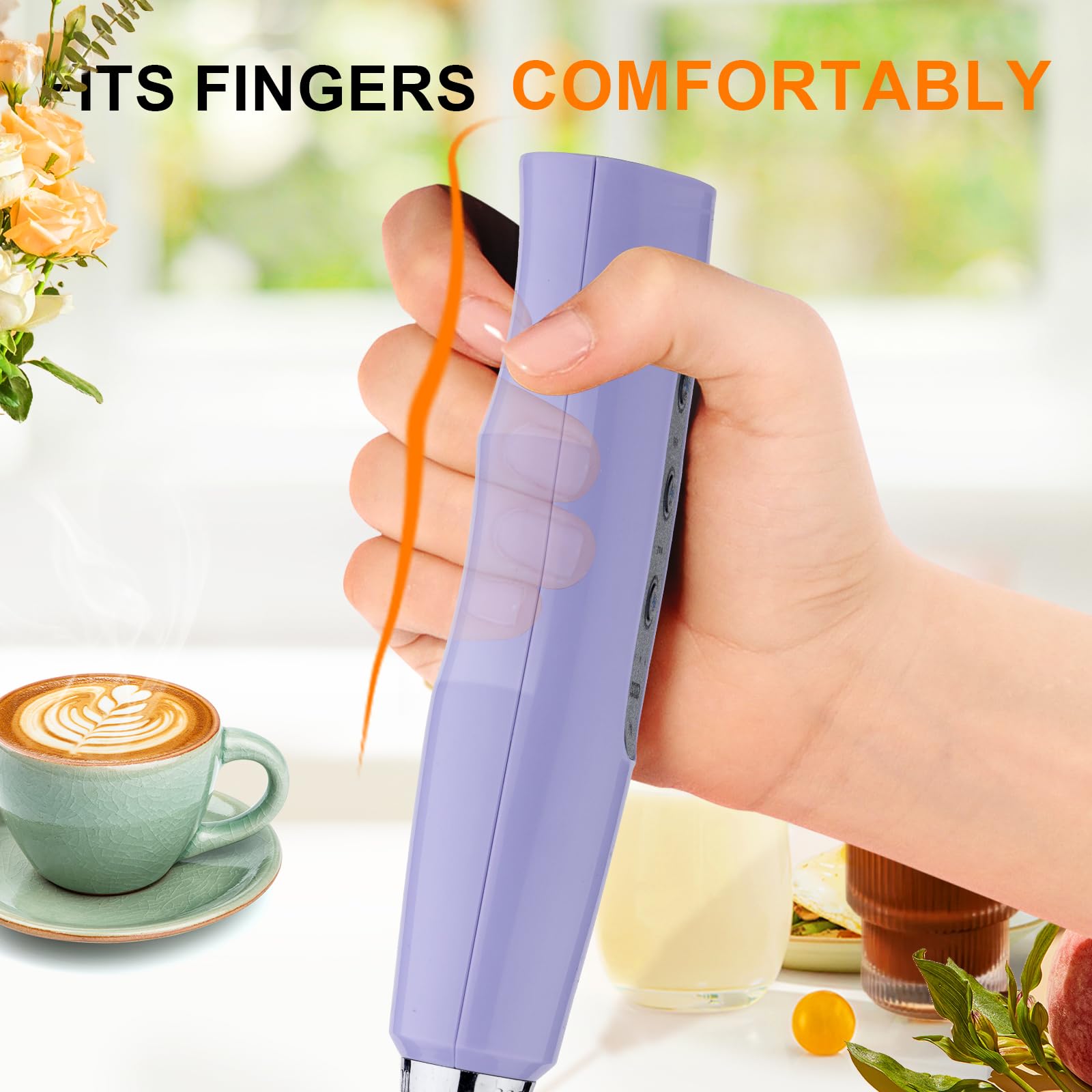 YUSWKO Handheld Milk Frother for Coffee  Rechargeable Drink Mixer with 3 Heads 3 Speeds Electric Whisk Coffee Frother For Latte  Cappuccino  Hot Chocolate  Egg - Light Purple