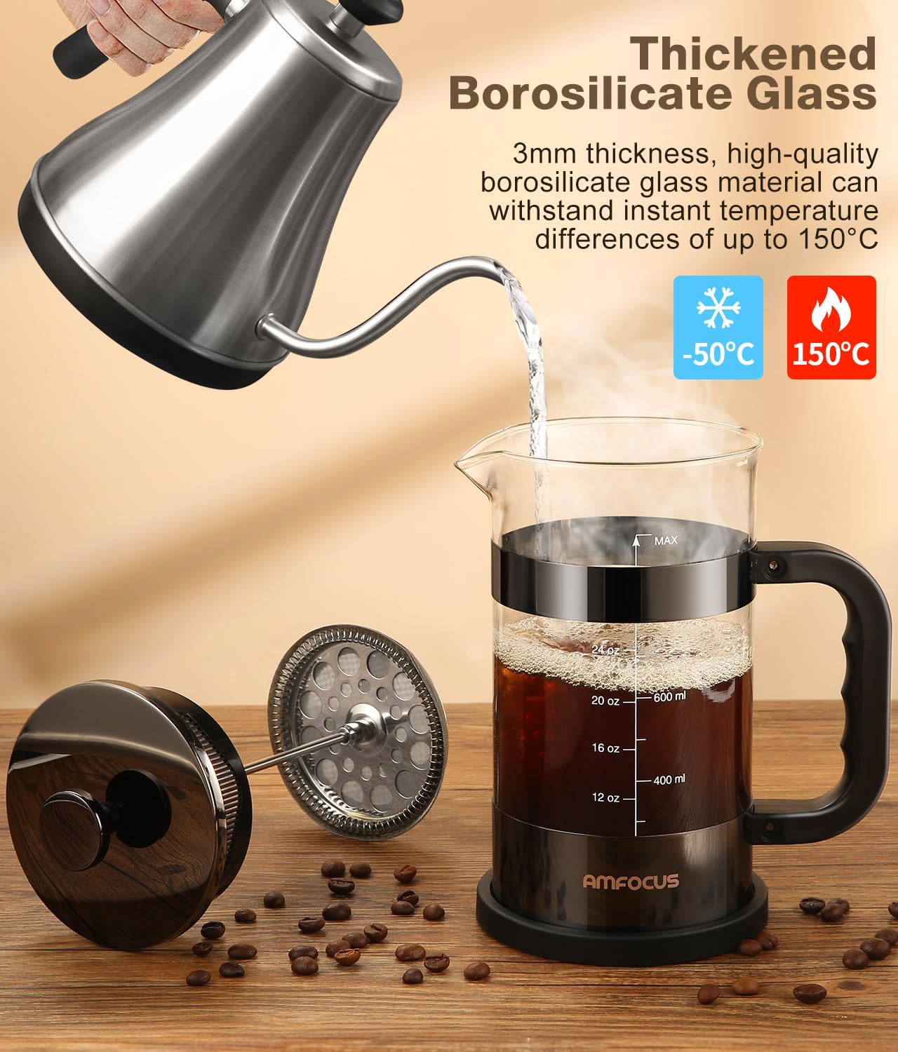 AMFOCUS French Press Coffee Maker - 34oz Borosilicate Glass, Dark Pewter, 4-Level Filters, Portable Cold Brew for Home & Travel