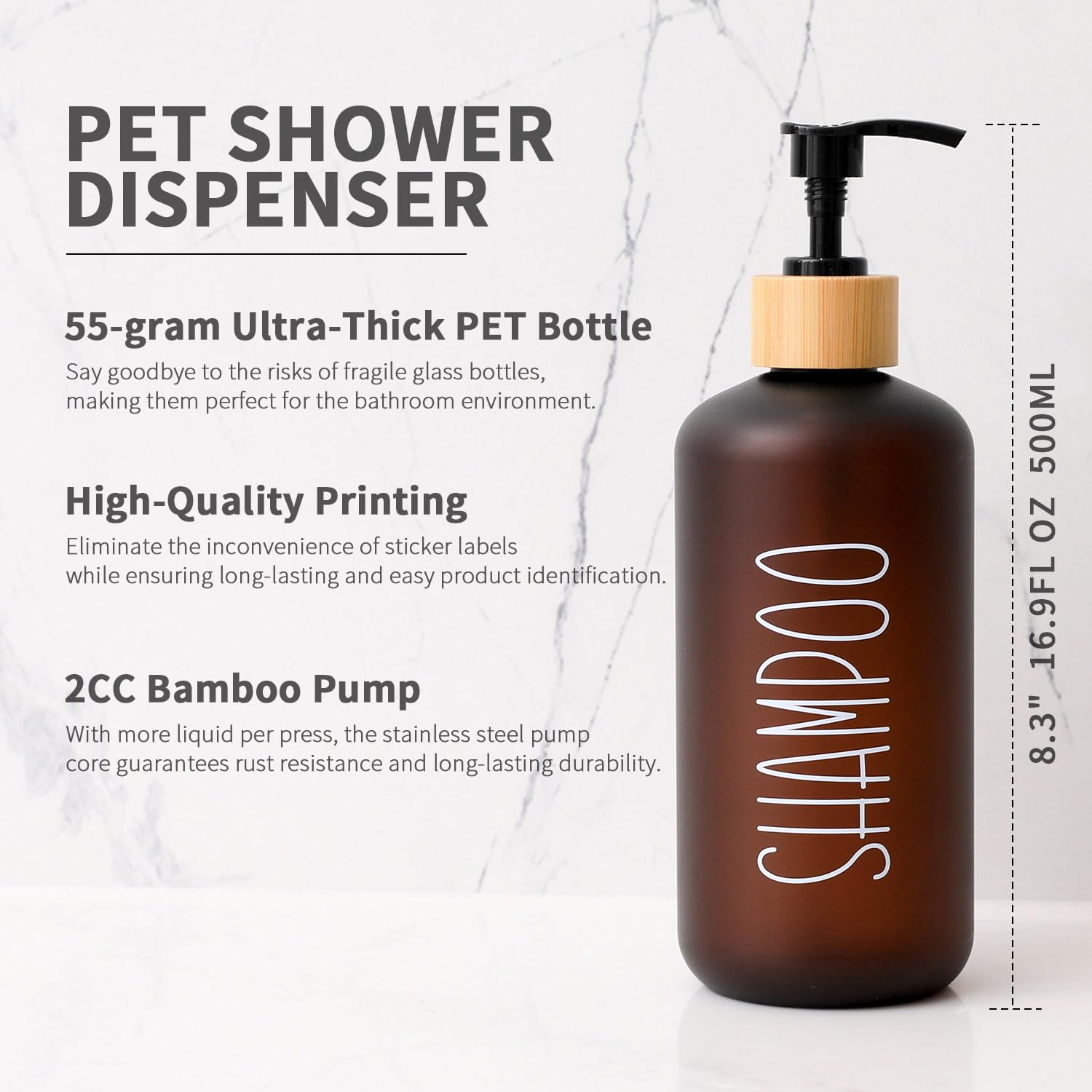 Momeemo Amber Shower Dispenser Set, Contains 3 Extra-Thick Pet Plastic Bottles With Bamboo Pumps, Shampoo And Conditioner Dispen