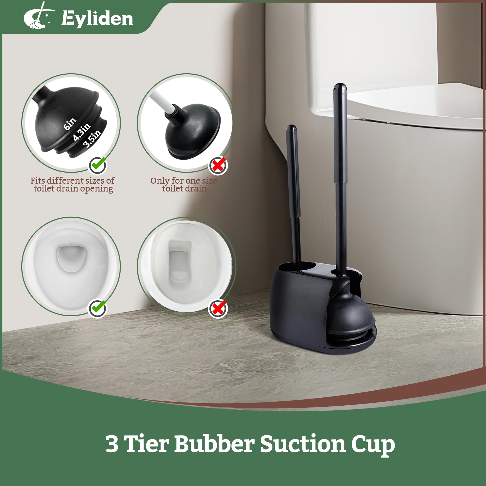 Eyliden 2 Pack Toilet Plunger And Brush Set, 3-Step Suction Cup Toilet Plunger And Bowl Brush Set With Holder, Toilet Plunger Br