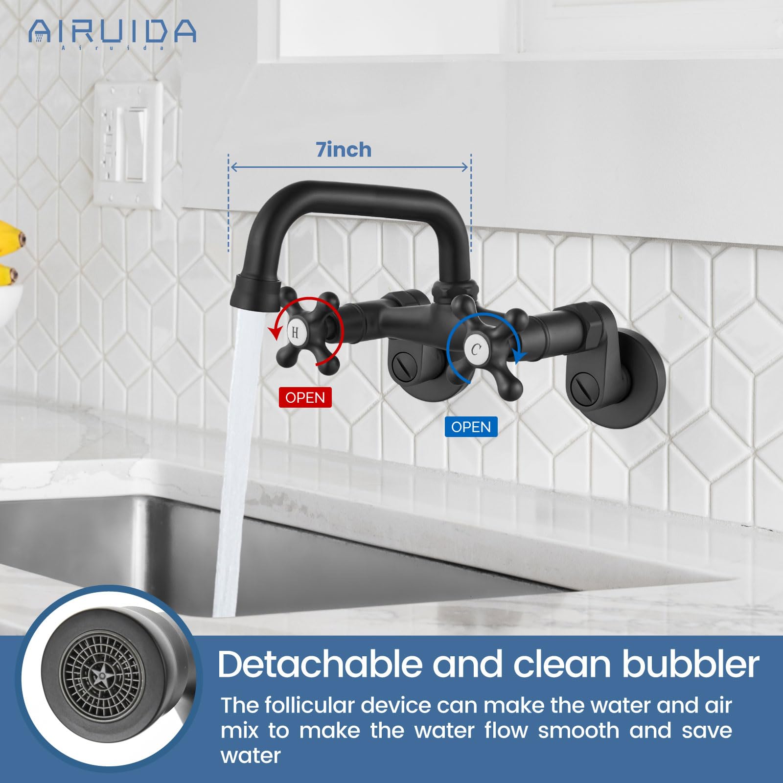 Airuida Matte Black Wall Mount Kitchen Faucet, 6 Inch(15Cm) Spout Wall Mount Laundry Sink Faucet, Adjustable Center Double Handl