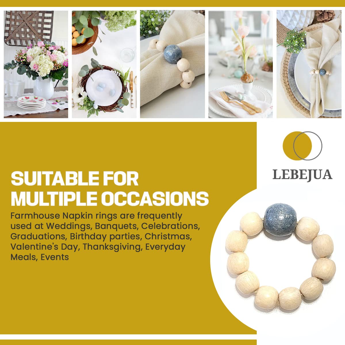 Napkin Rings Set Of 6 - Wooden Beads Napkin Rings | Rustic Wooden Napkin Ring Holder For Table Decoration | Handmade Lebejua Nap