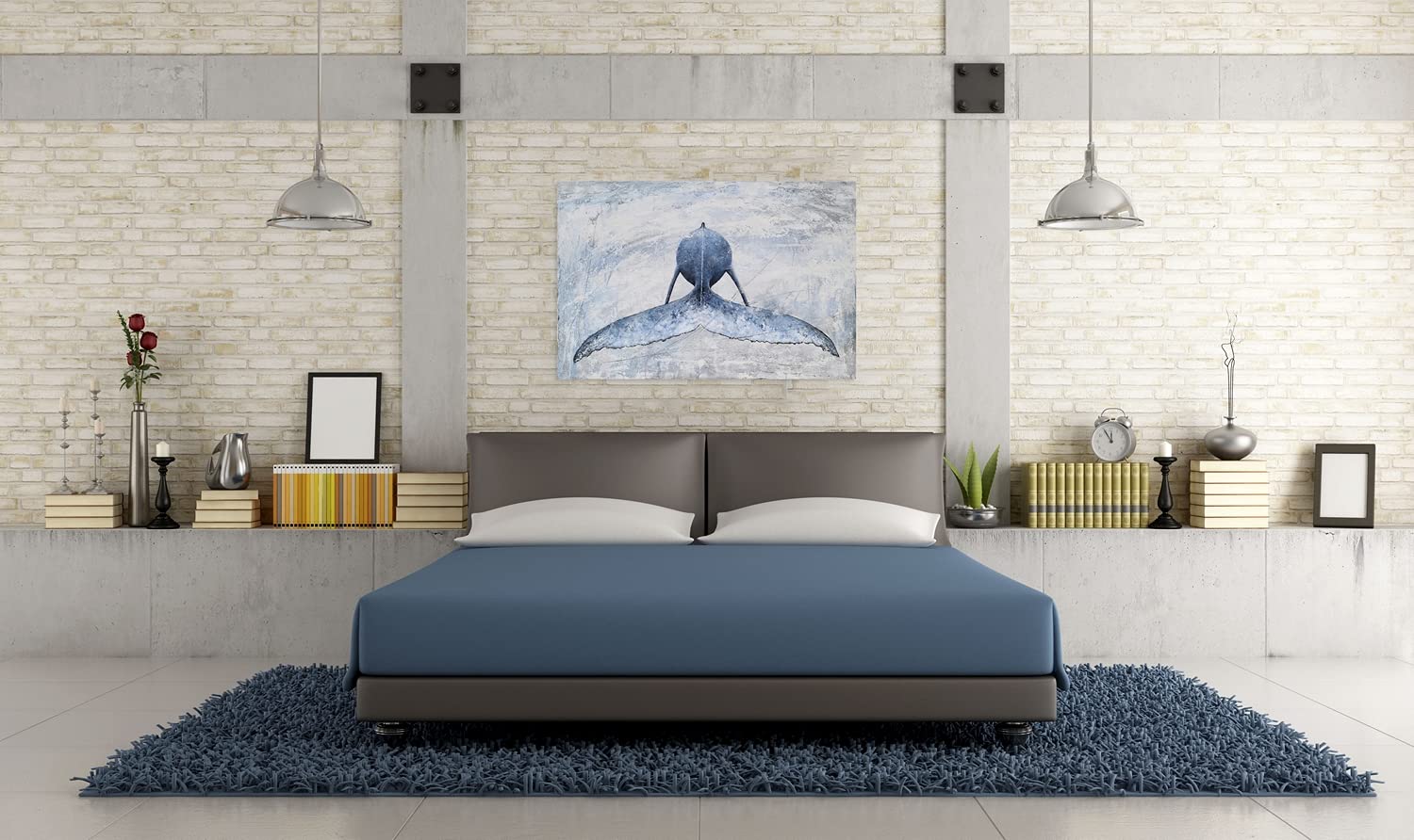 Sygallerier Coastal Canvas Wall Art - Blue And White Whale Paintings - Modern Abstract Tropical Fish Pictures With Textured For