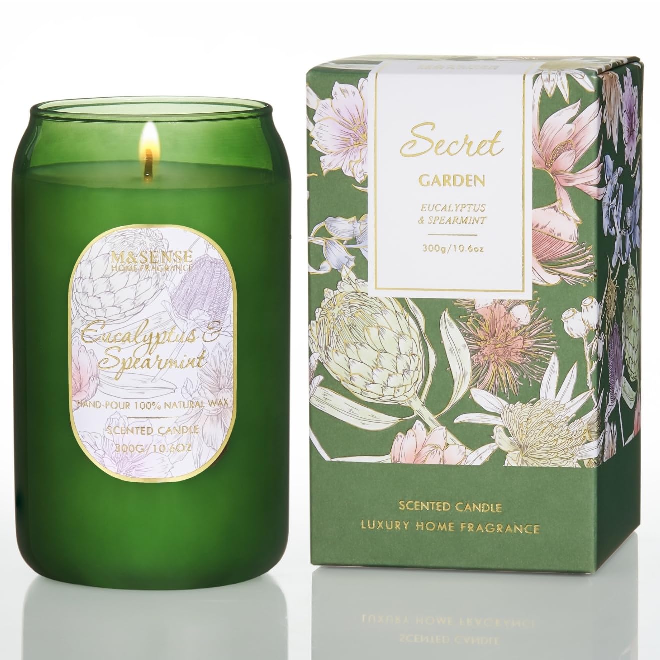 M&SENSE Strong Green Soy Scented Candle - Eucalyptus Spearmint Scent, 10.6 oz, 60-Hour Burn,Calming Stress Relief Candles Gift f